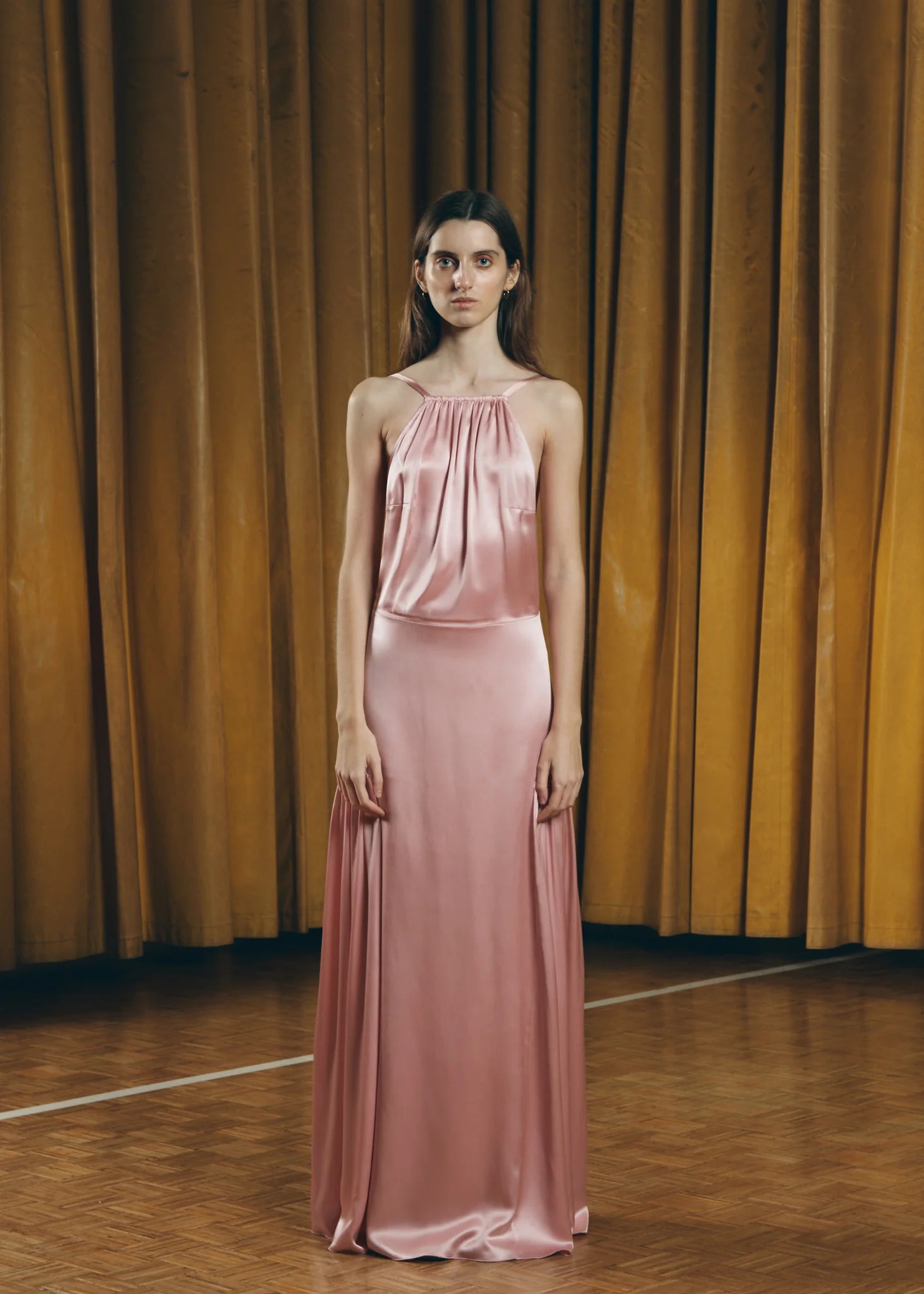 Pink Teresa Helbig satin halter dress for daytime wedding guest dressing