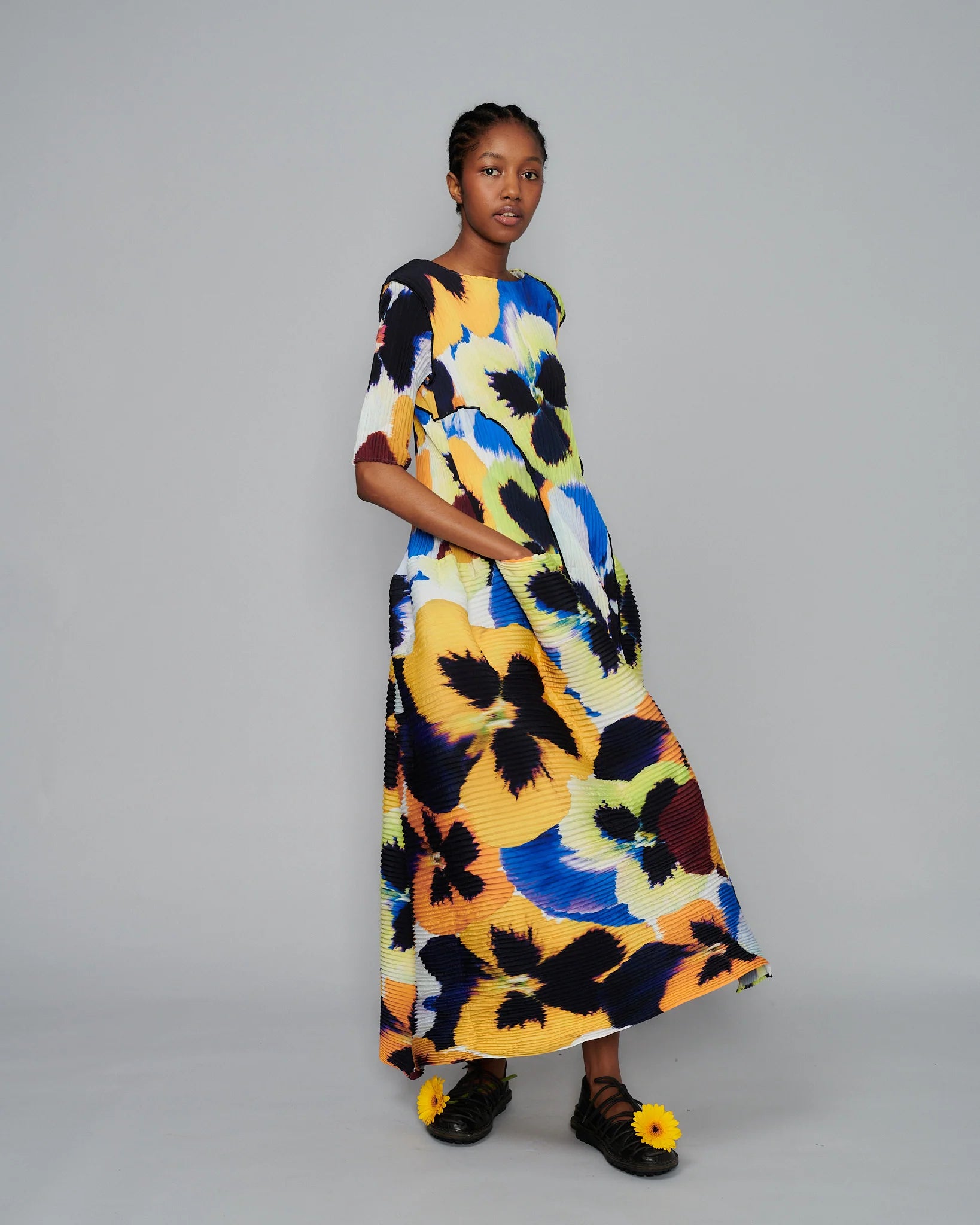 HANDPLEATED UMA DRESS IN PANSY YELLOW