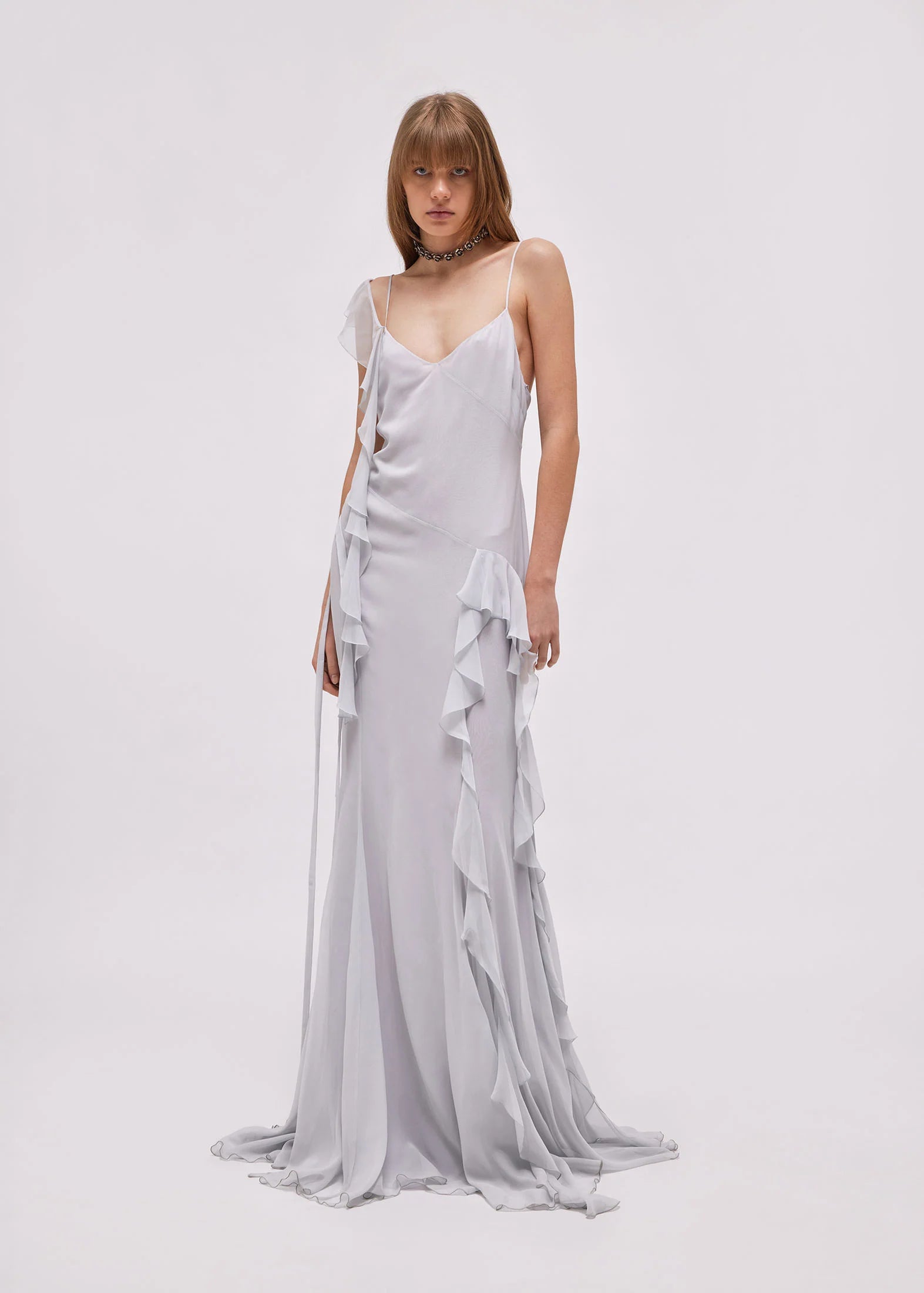 RUFFLED LONG DRESS IN SILK (BABY GREEN)