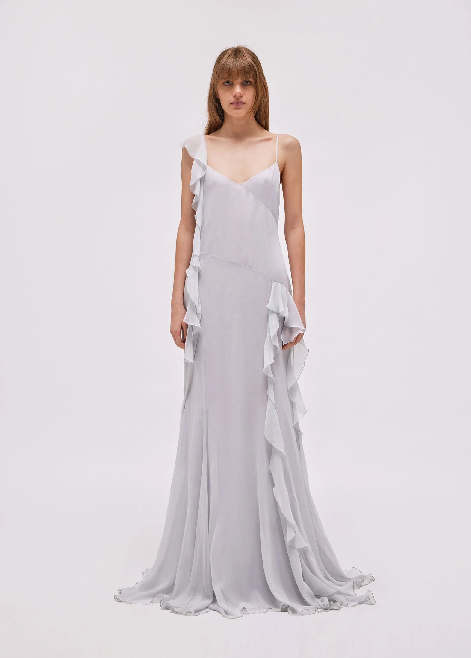 RUFFLED LONG DRESS IN SILK (BABY GREEN)