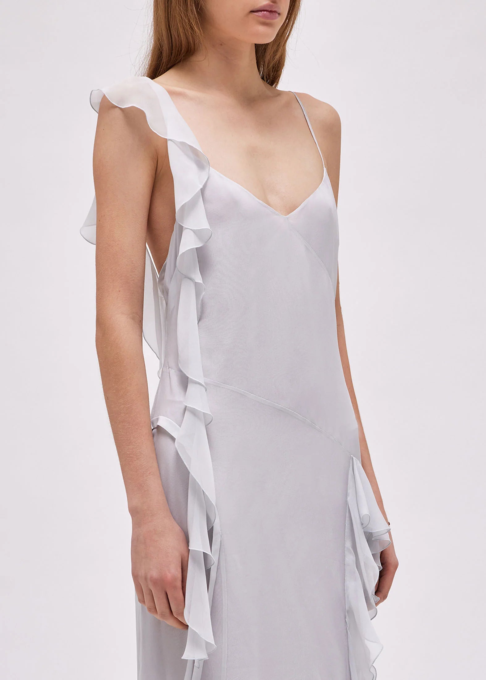 RUFFLED LONG DRESS IN SILK (BABY GREEN)
