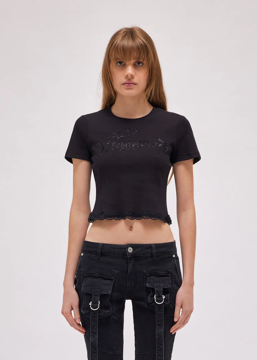 T-SHIRT WITH LOGO AND LACE BLACK