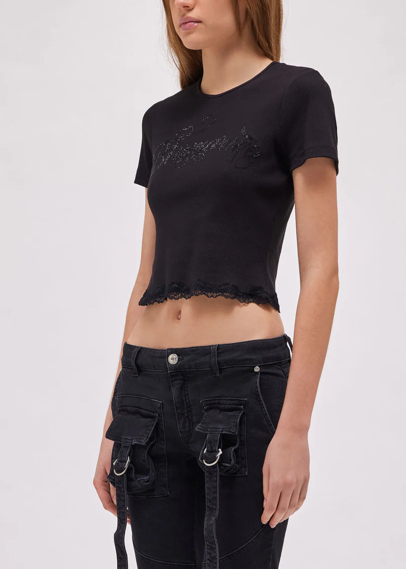 T-SHIRT WITH LOGO AND LACE BLACK