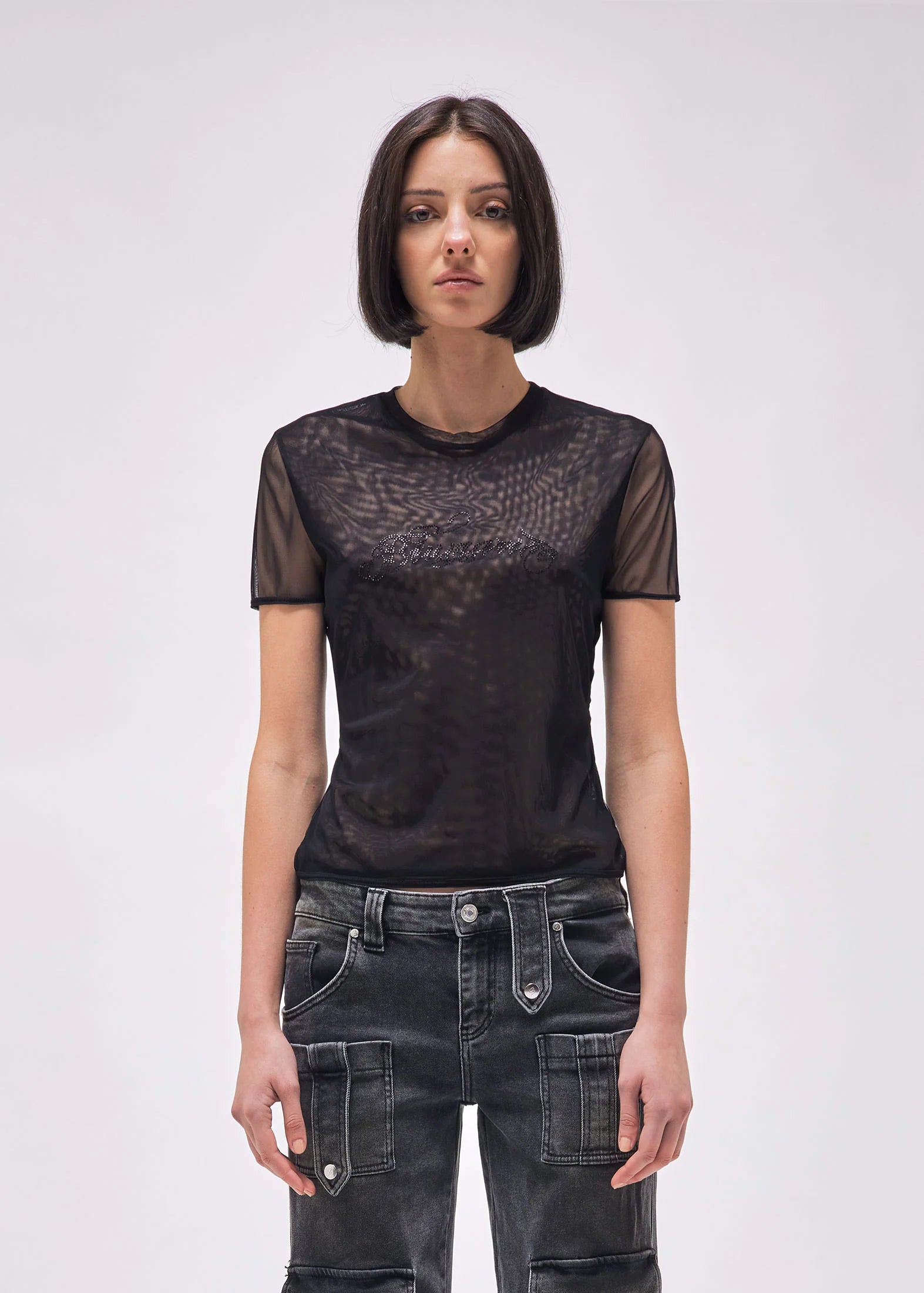 TULLE T-SHIRT WITH RHINESTONE LOGO