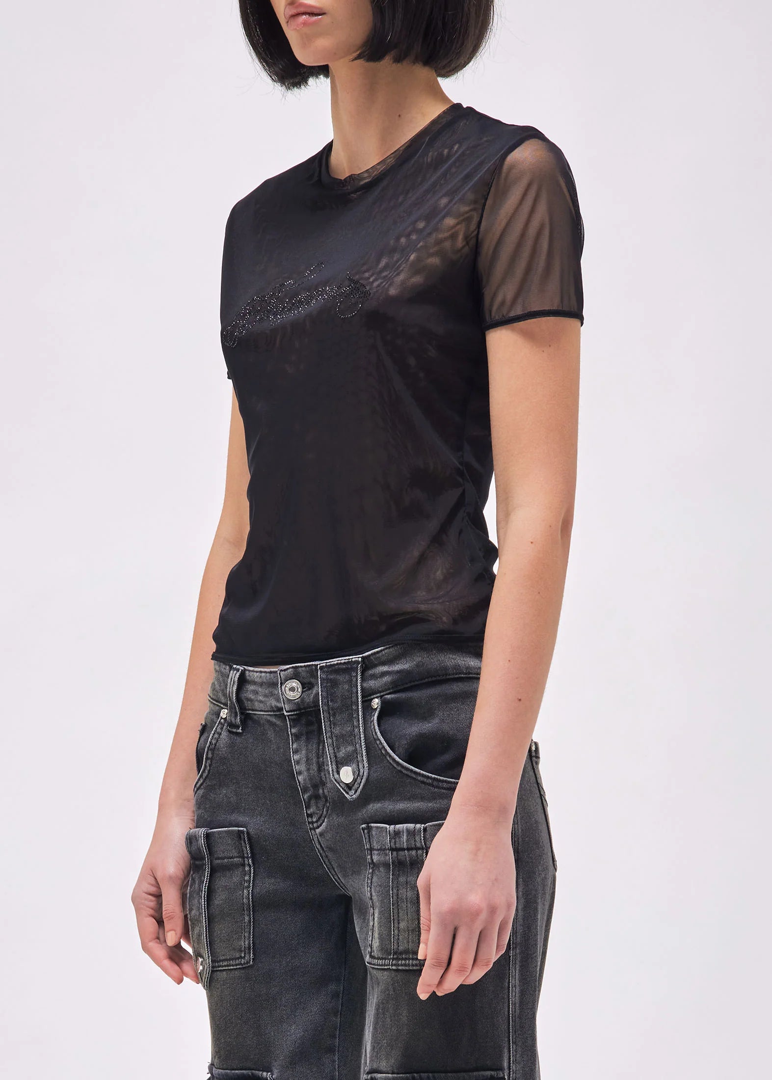 TULLE T-SHIRT WITH RHINESTONE LOGO