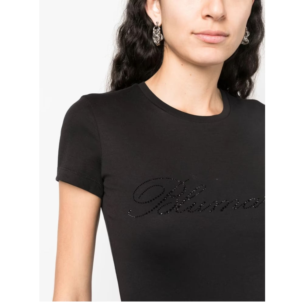 T-SHIRT WITH EMBROIDERY RHINESTONE LOGO BLACK