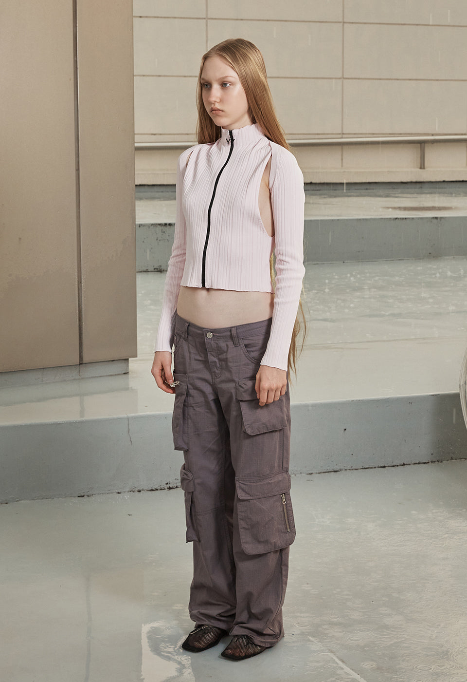 PLEATED ZIP KNIT VEST PINK