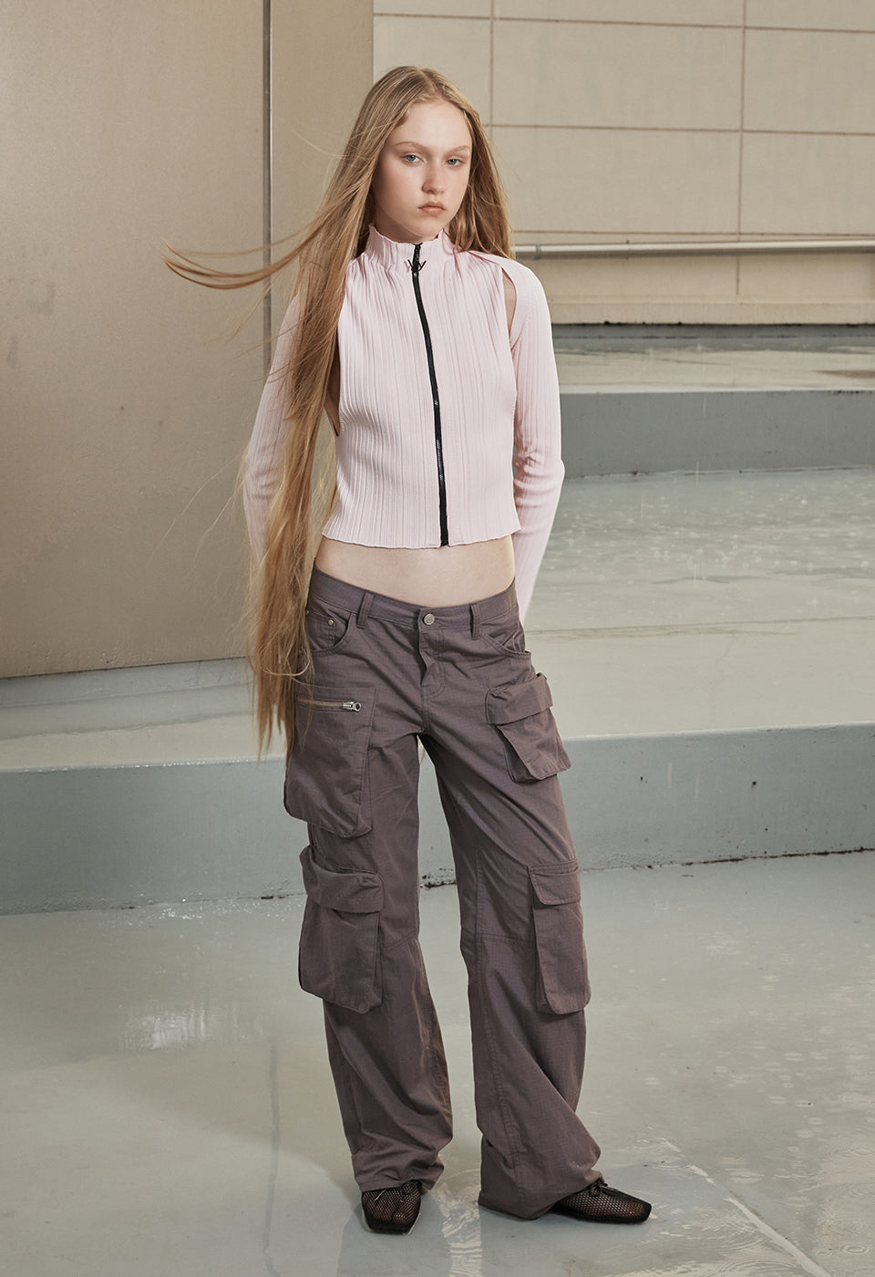 PLEATED ZIP KNIT VEST PINK