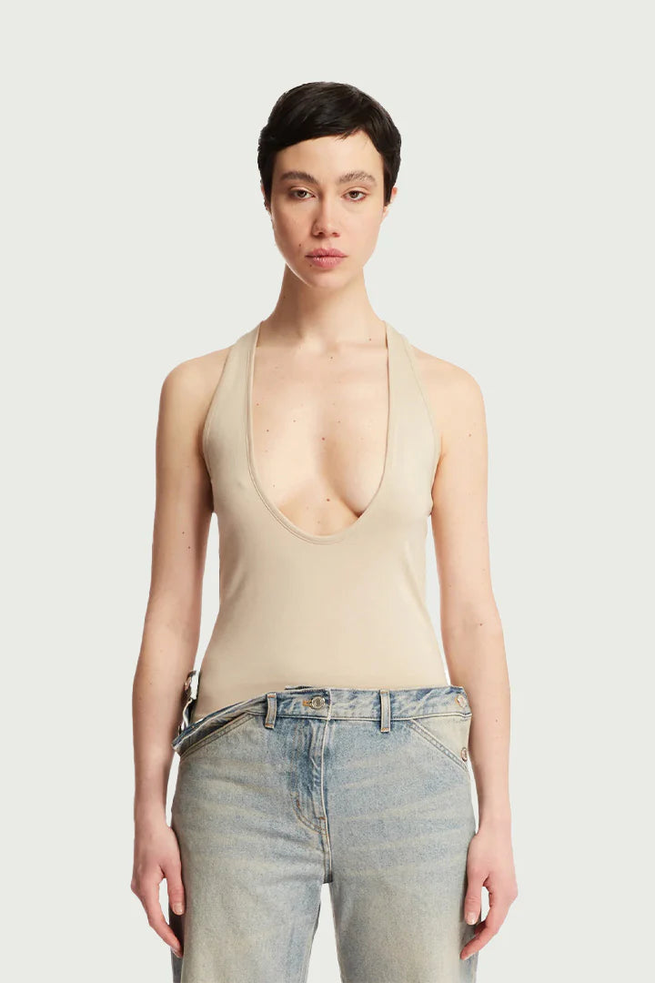 Deep Cut Tank Top Beige