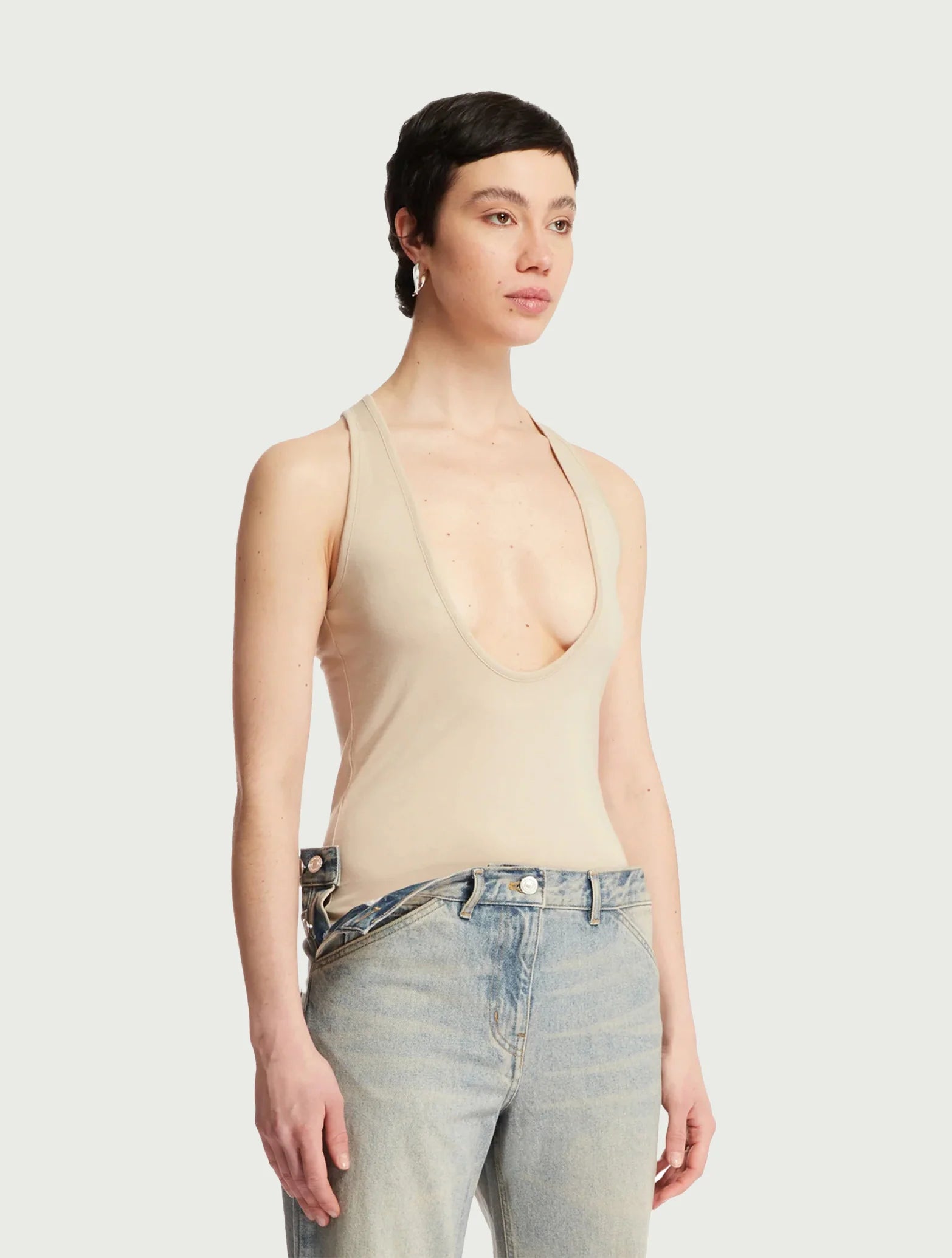 Deep Cut Tank Top Beige