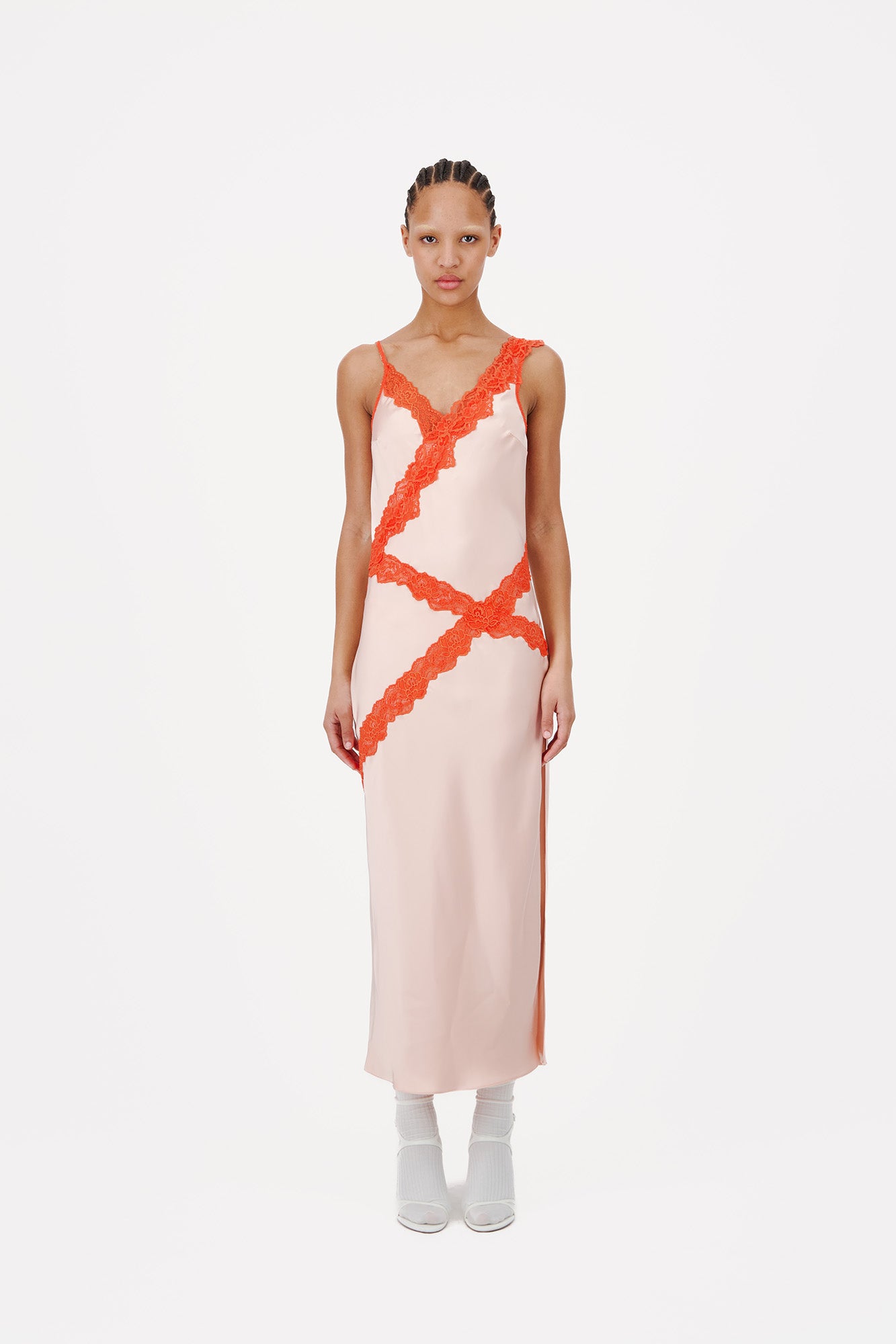 BIAS SHIFT MIDI DRESS WITH LACE DETAILING