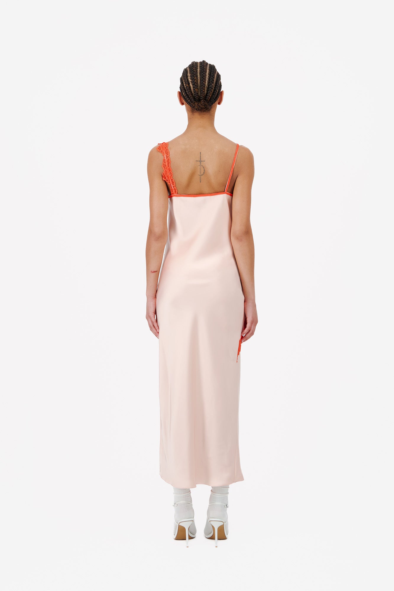 BIAS SHIFT MIDI DRESS WITH LACE DETAILING