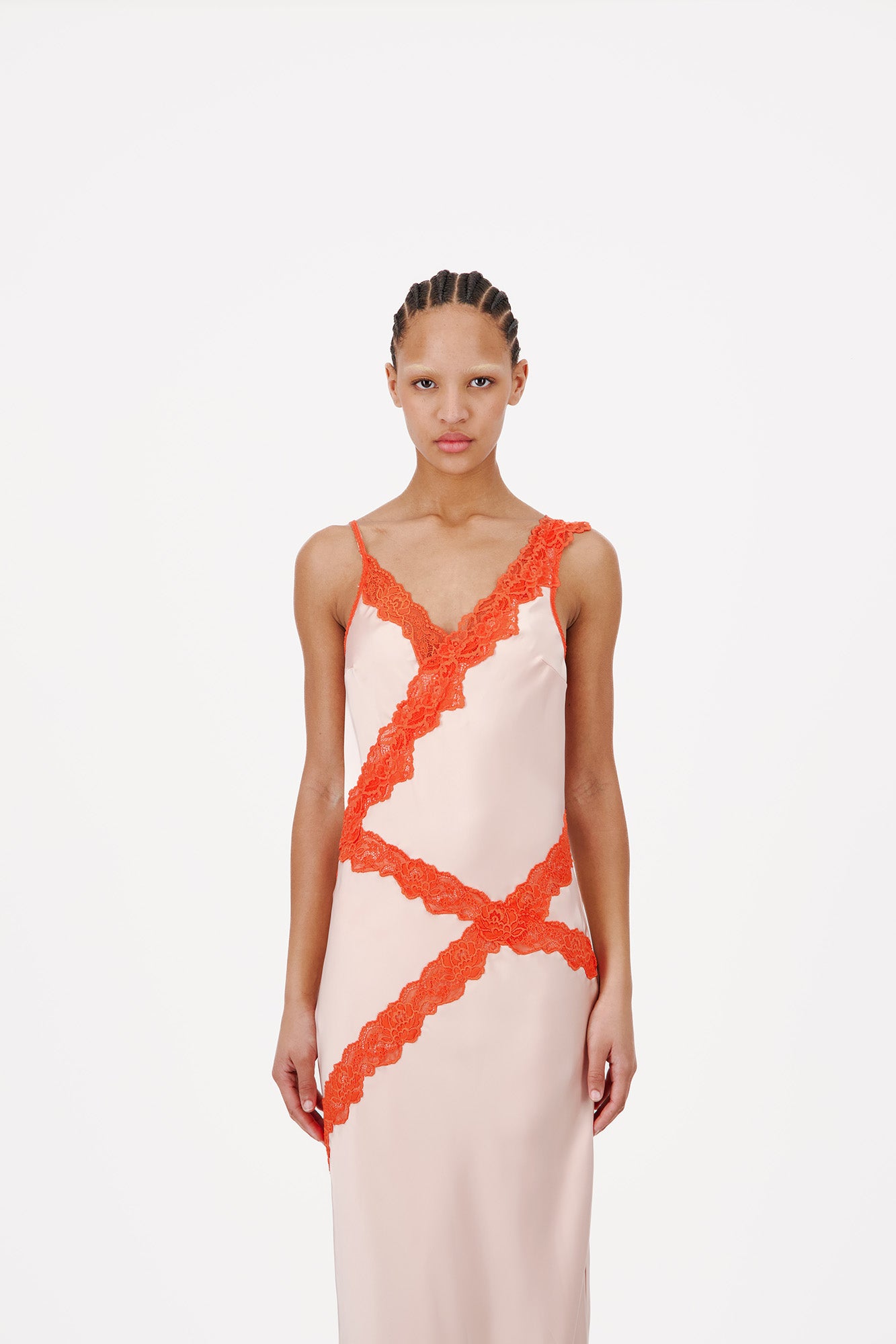 BIAS SHIFT MIDI DRESS WITH LACE DETAILING
