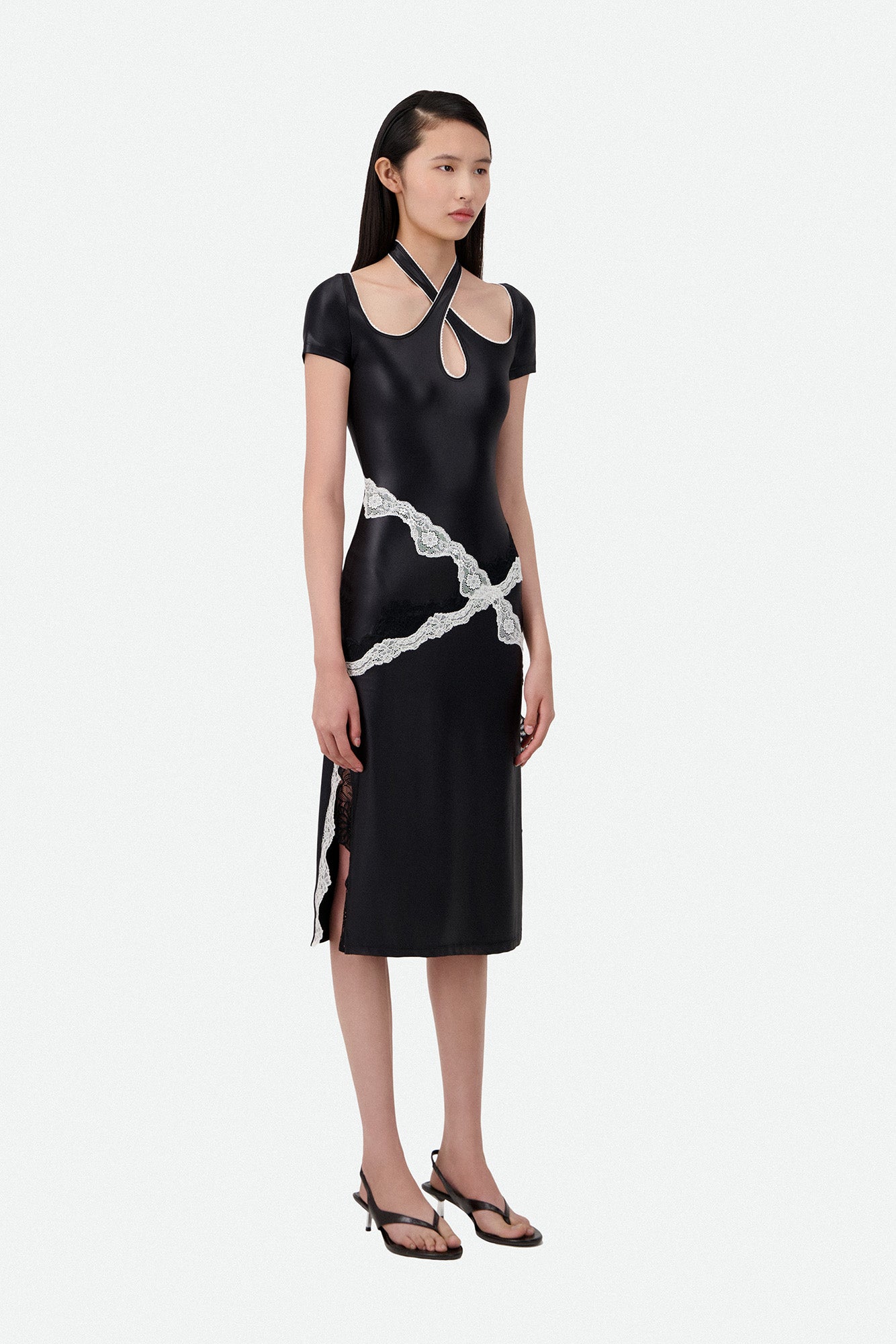 SLIM FIT MIDI DRESS W/CROSSED NECKLINE