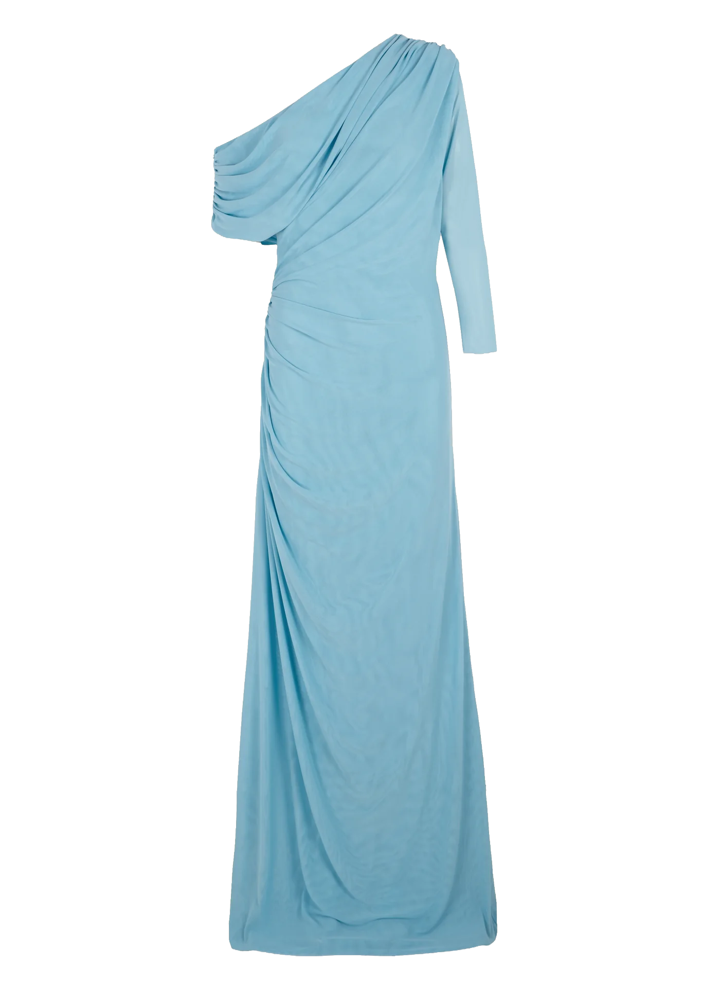 Blue Teresa Helbig draped gown for black tie wedding guest dressing