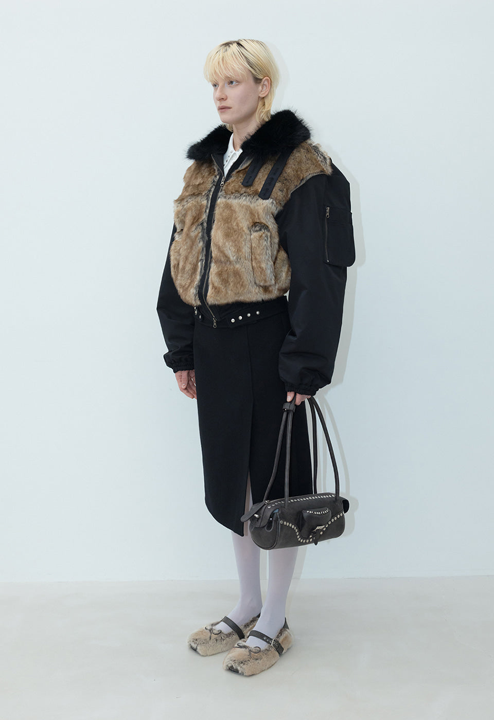 FAUX FUR BLOCK CARGO BOMBER