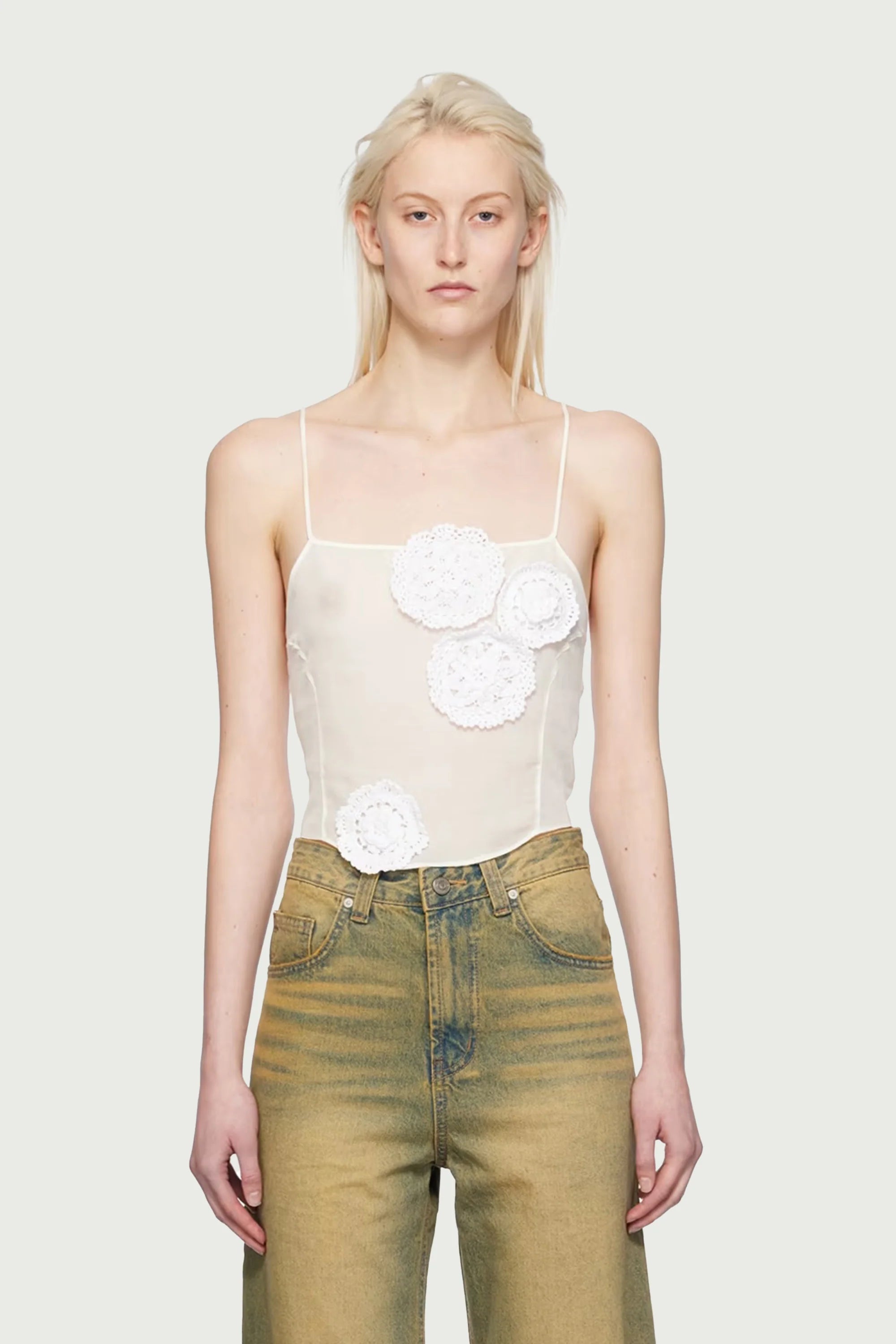 FLOWER APPLIQUÉ SHEER TOP IVORY