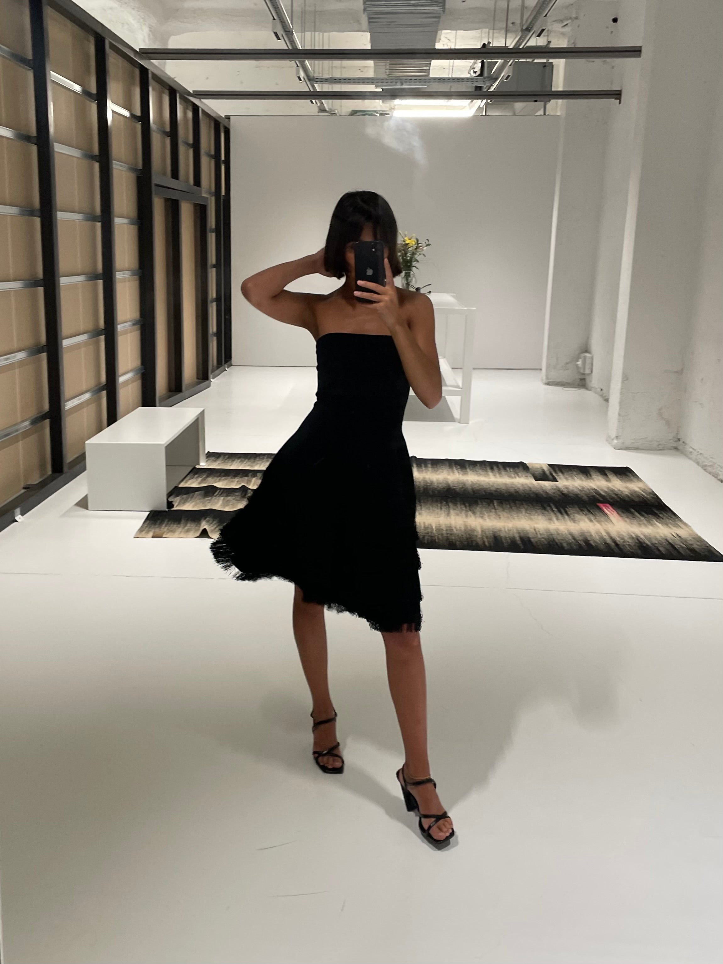 TEXTURED FRINGE KNIT SCULPTED DRESS