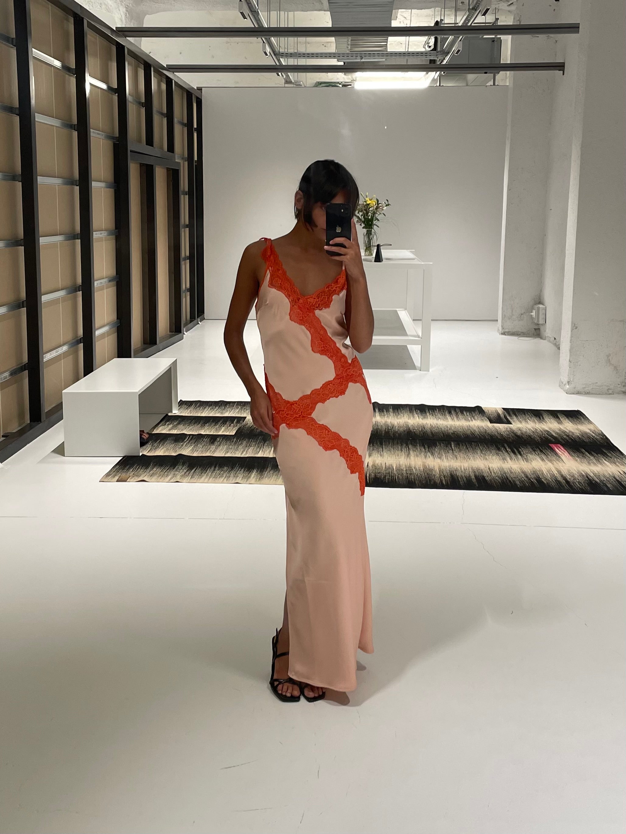 BIAS SHIFT MIDI DRESS WITH LACE DETAILING