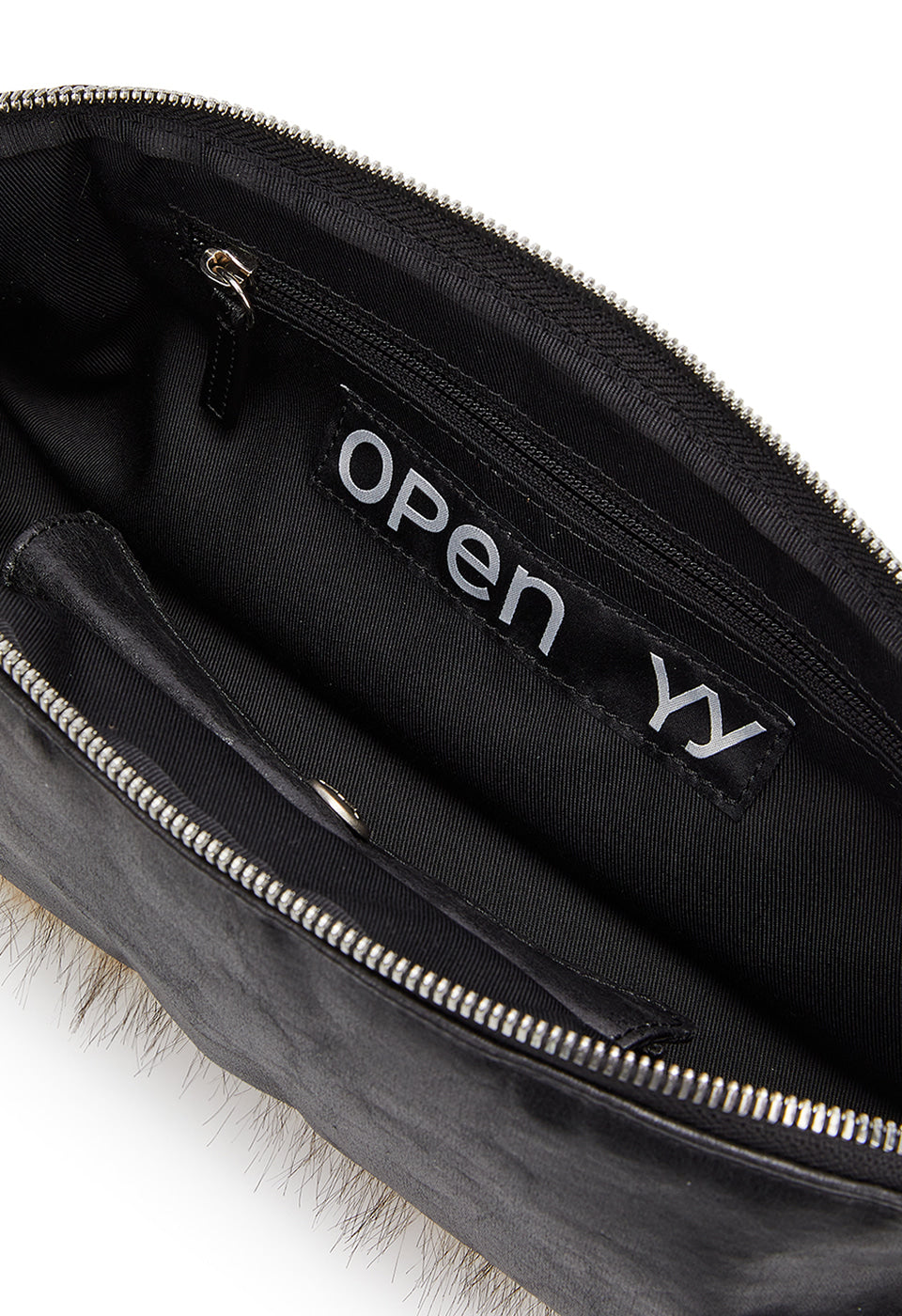 OIL SKIN MINI CLUTCH W. FURRY HANDLE