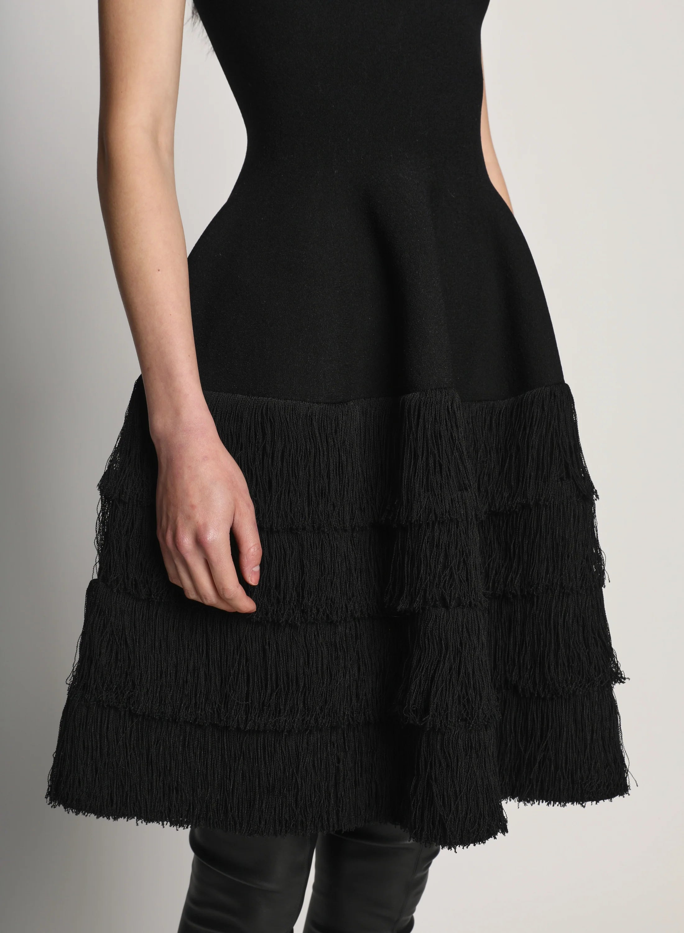 TEXTURED FRINGE KNIT SCULPTED DRESS