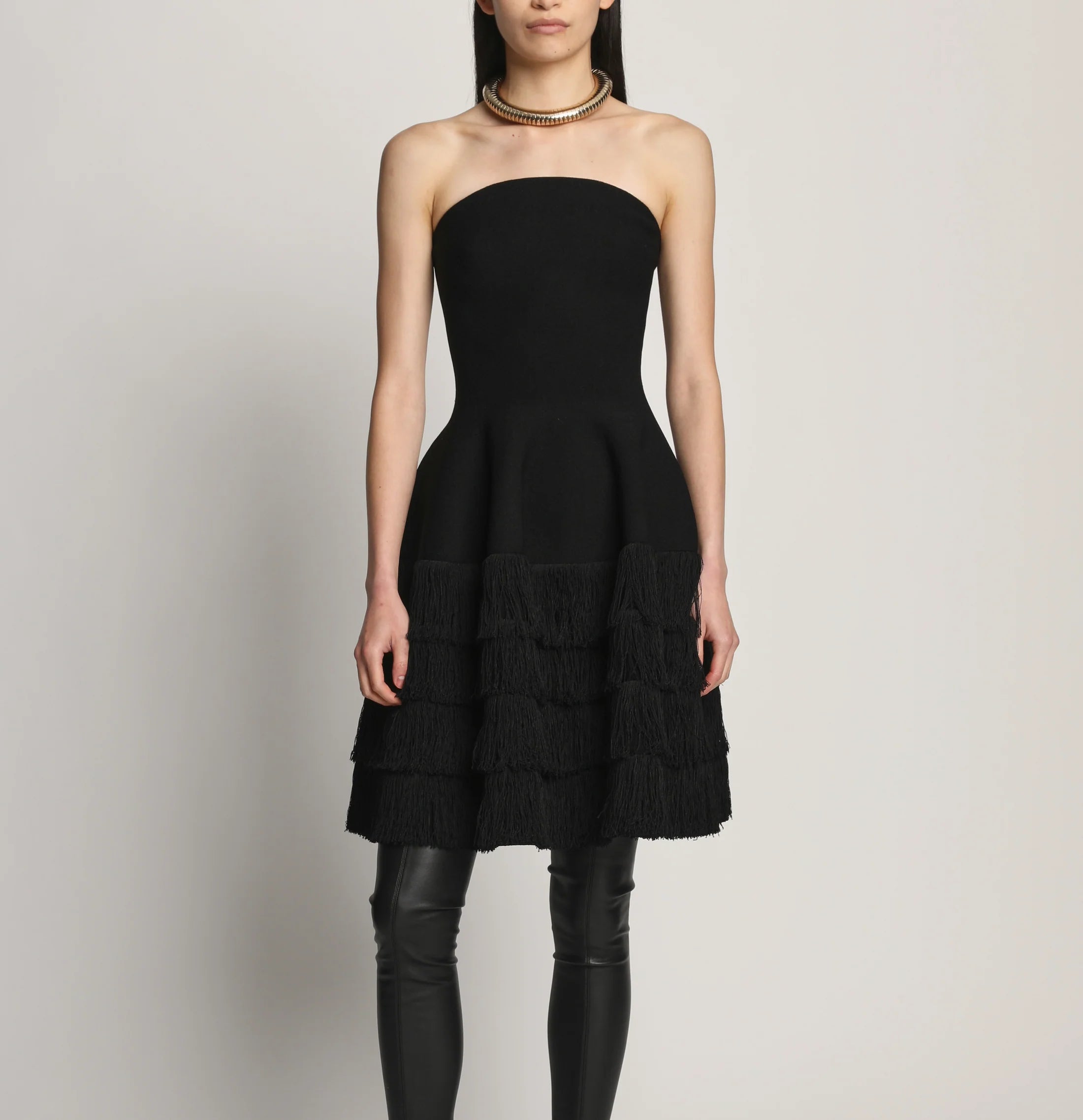 TEXTURED FRINGE KNIT SCULPTED DRESS