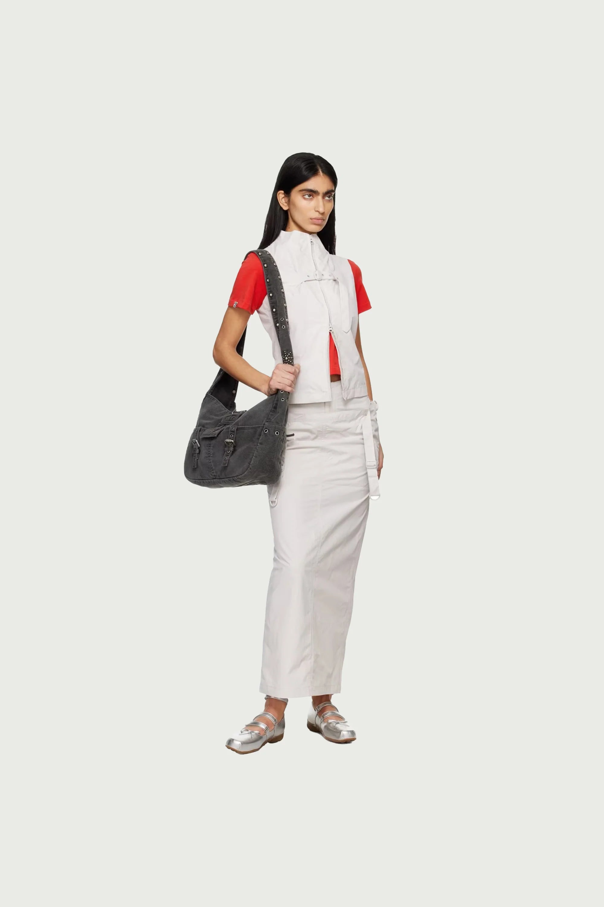 STRAP-LAYERED MAXI SKIRT GRAY