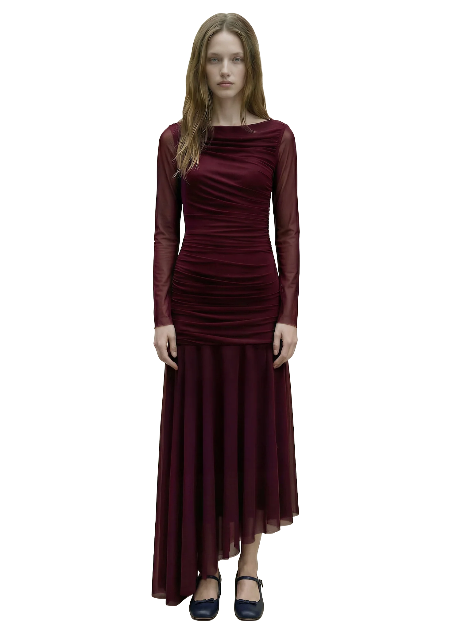 DRAPED BURDEOS TULLE DRESS