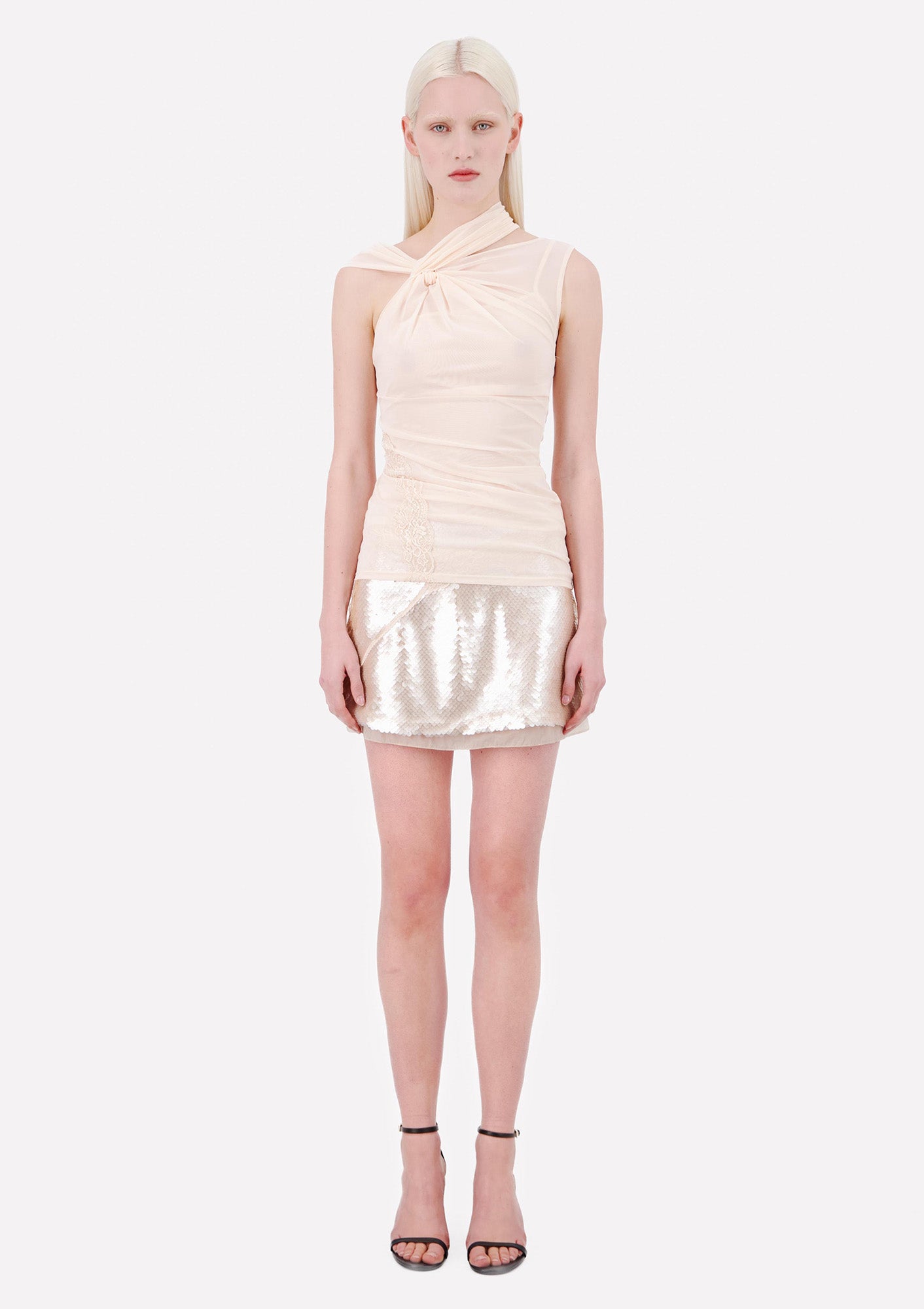 JERSEY MESH TANK TOP WITH KNOTTED TWIST NECKLINE