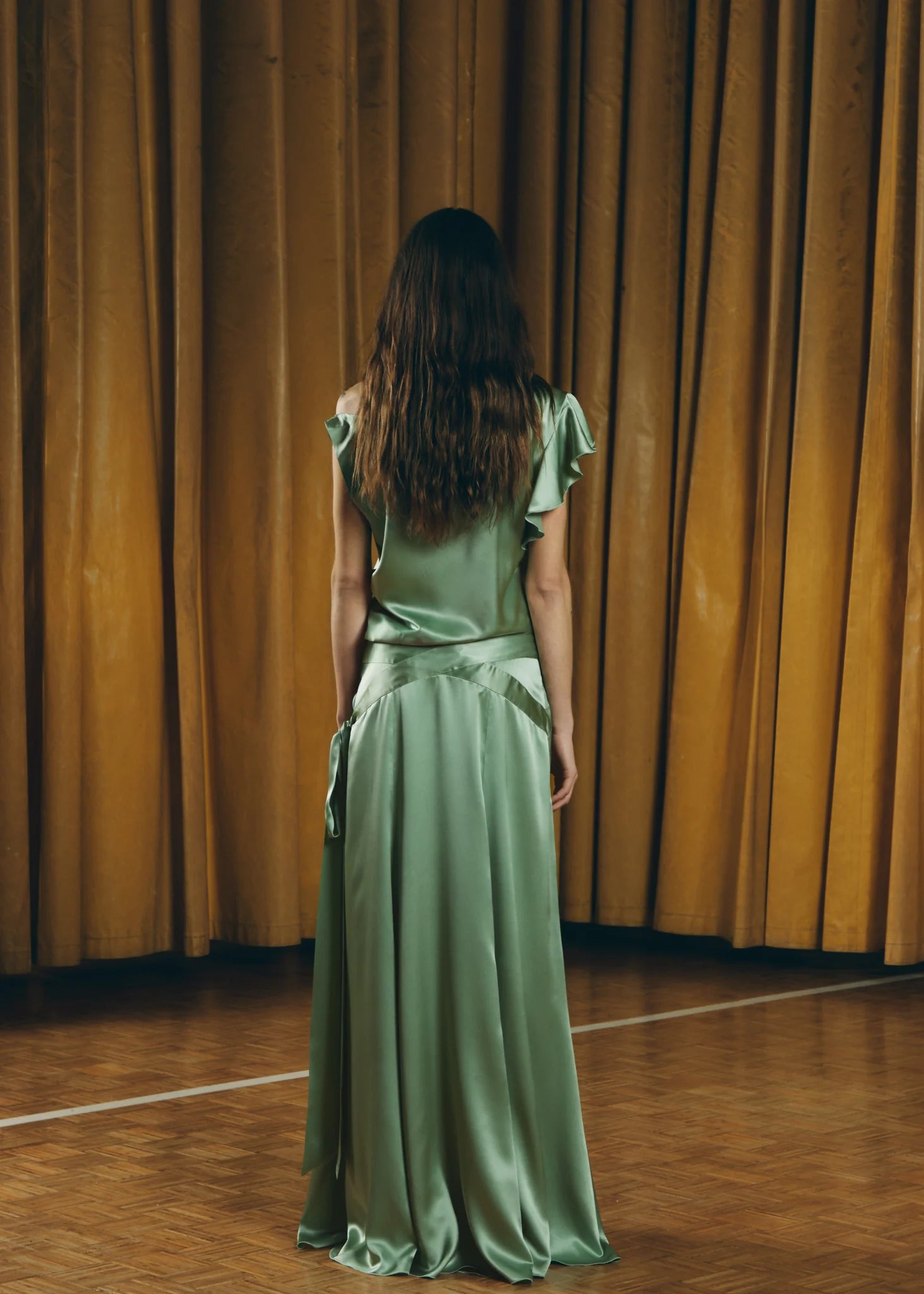 Mint green Teresa Helbig satin dress for daytime wedding guest dressing