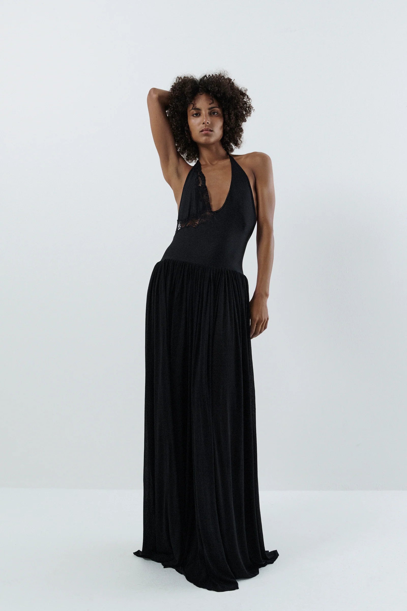 Halter Neck Bodysuit Dress With Gathered Long Skirt