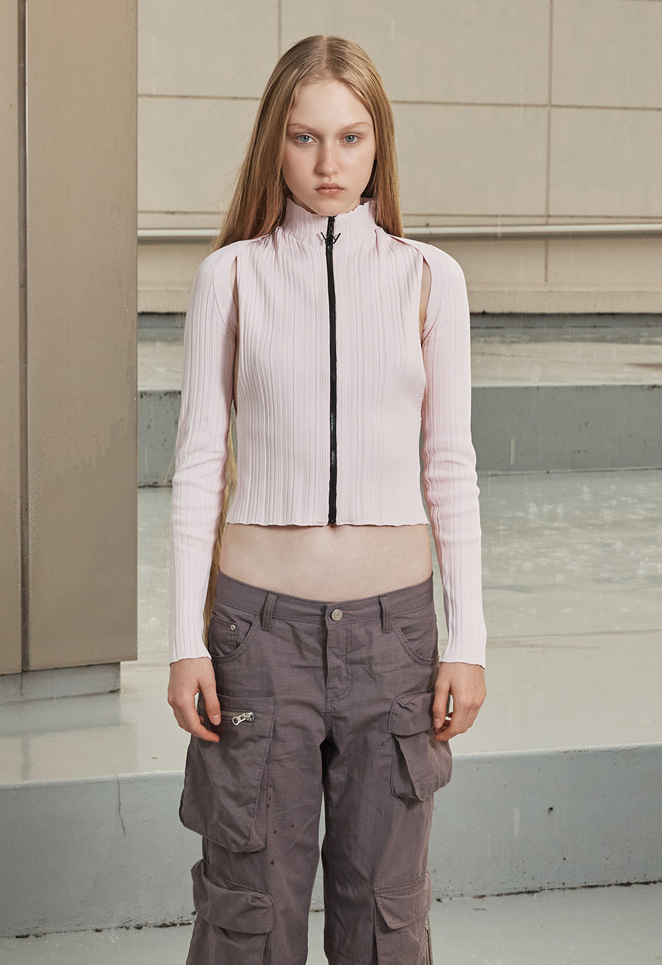 PLEATED ZIP KNIT VEST PINK