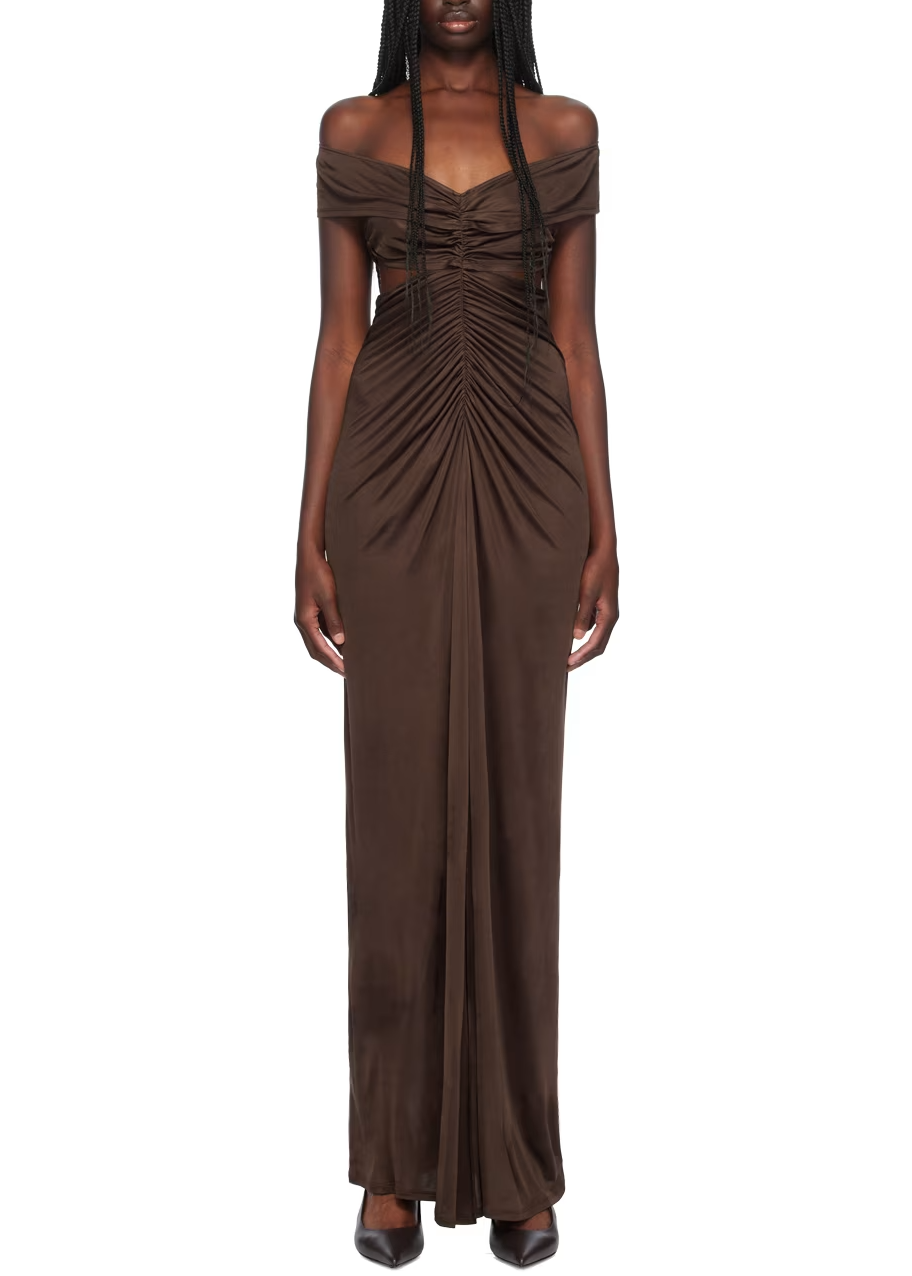 Brown Ruched Maxi Dress