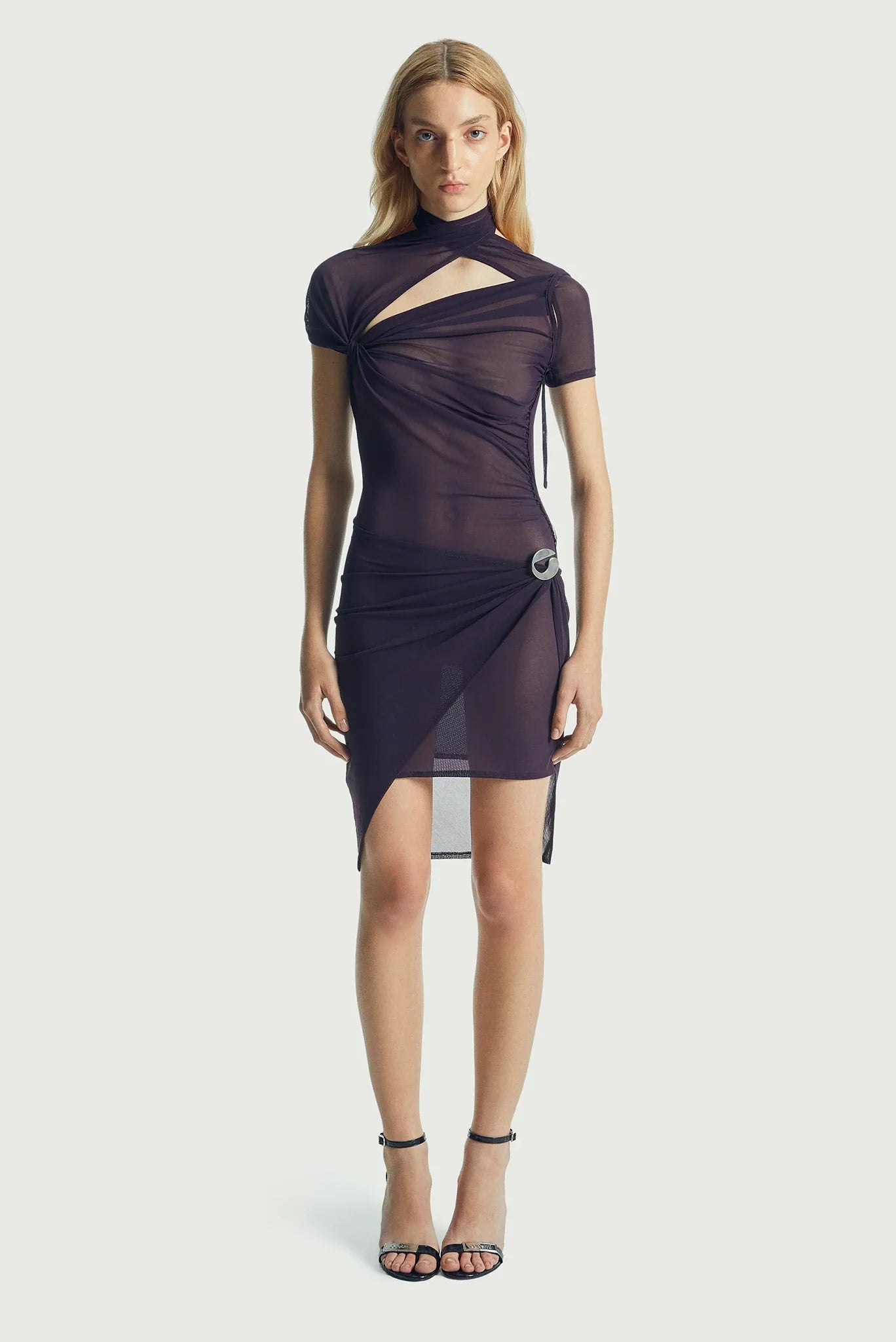 Asymmetric Draped Mesh Dress Burgundy