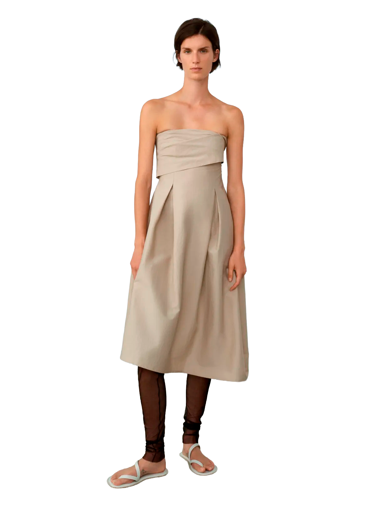 beige strapless midi dress Beige Strapless Midi Dress