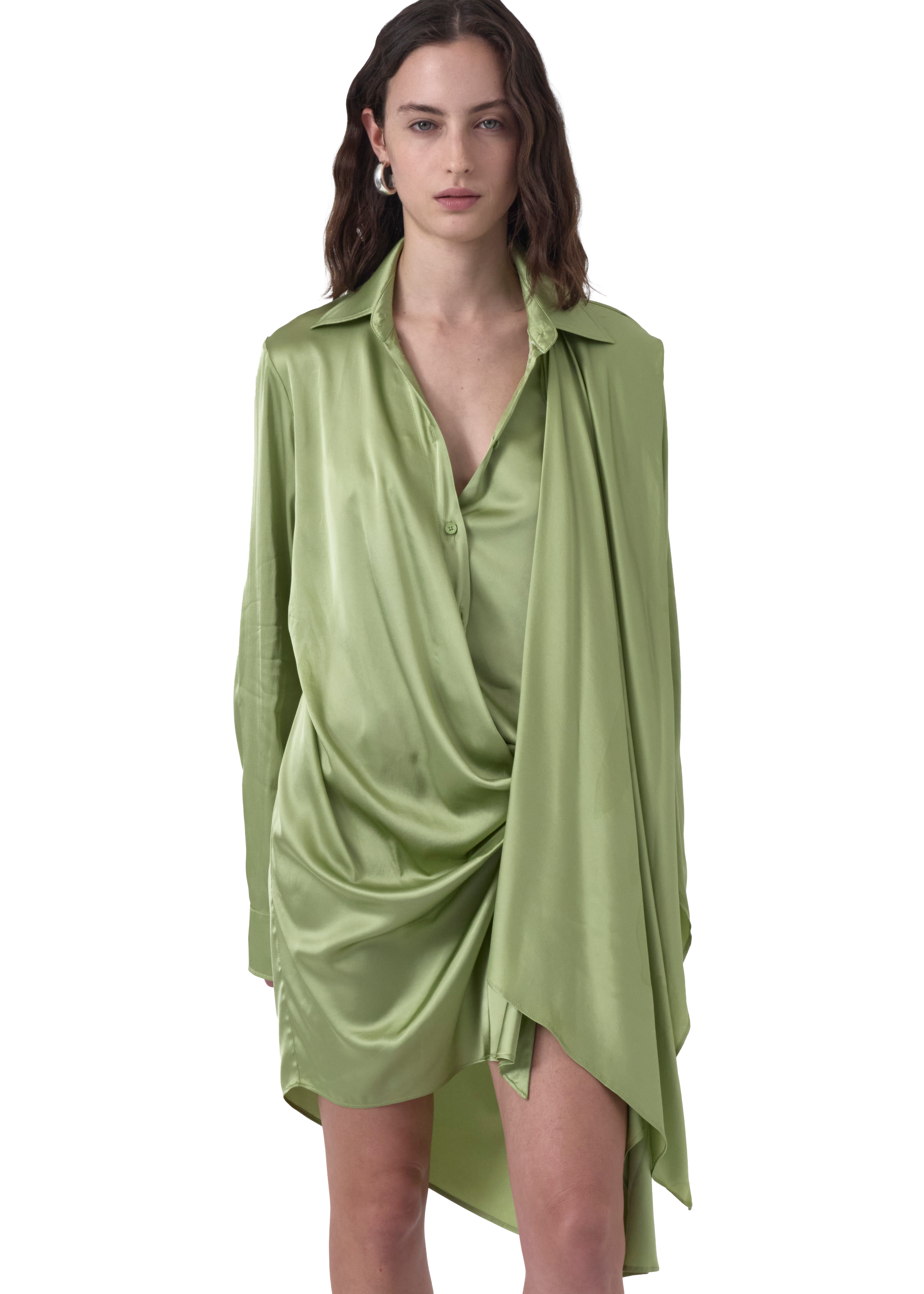 Green Vaillant Studio draped dress for modern wedding guest dressing