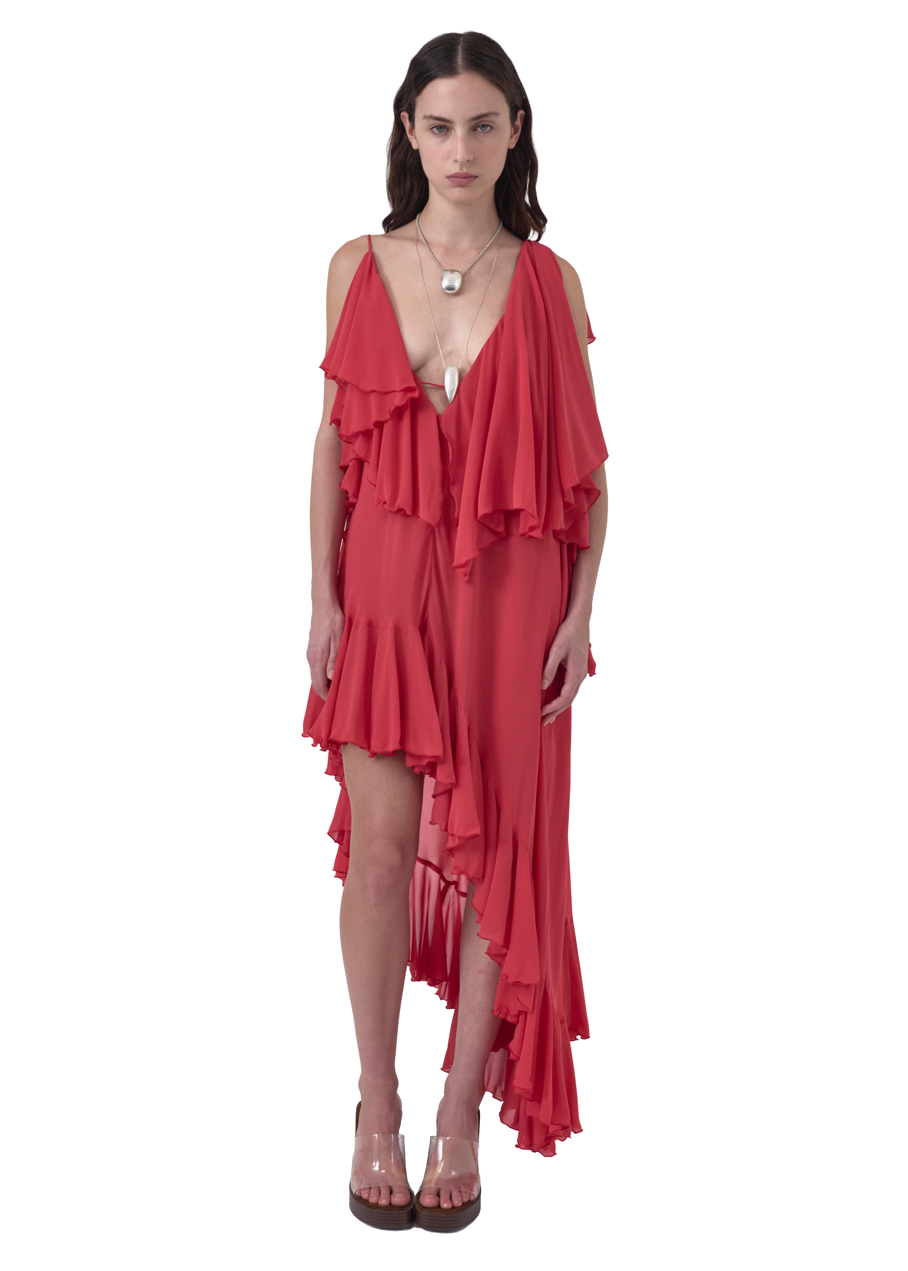 Red ruffled Vaillant Studio gown for statement wedding guest dressing
