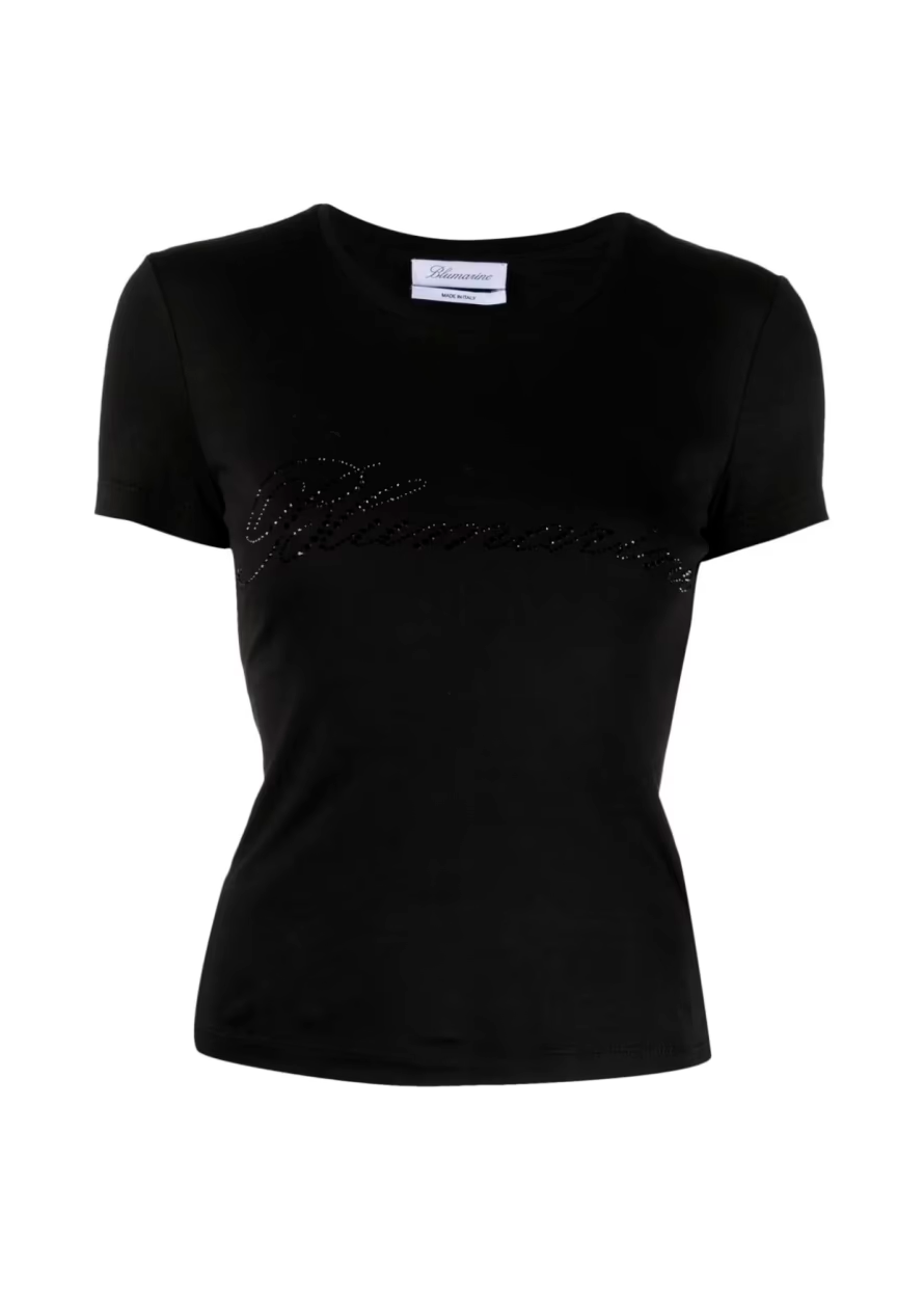 T-SHIRT WITH EMBROIDERY RHINESTONE LOGO BLACK
