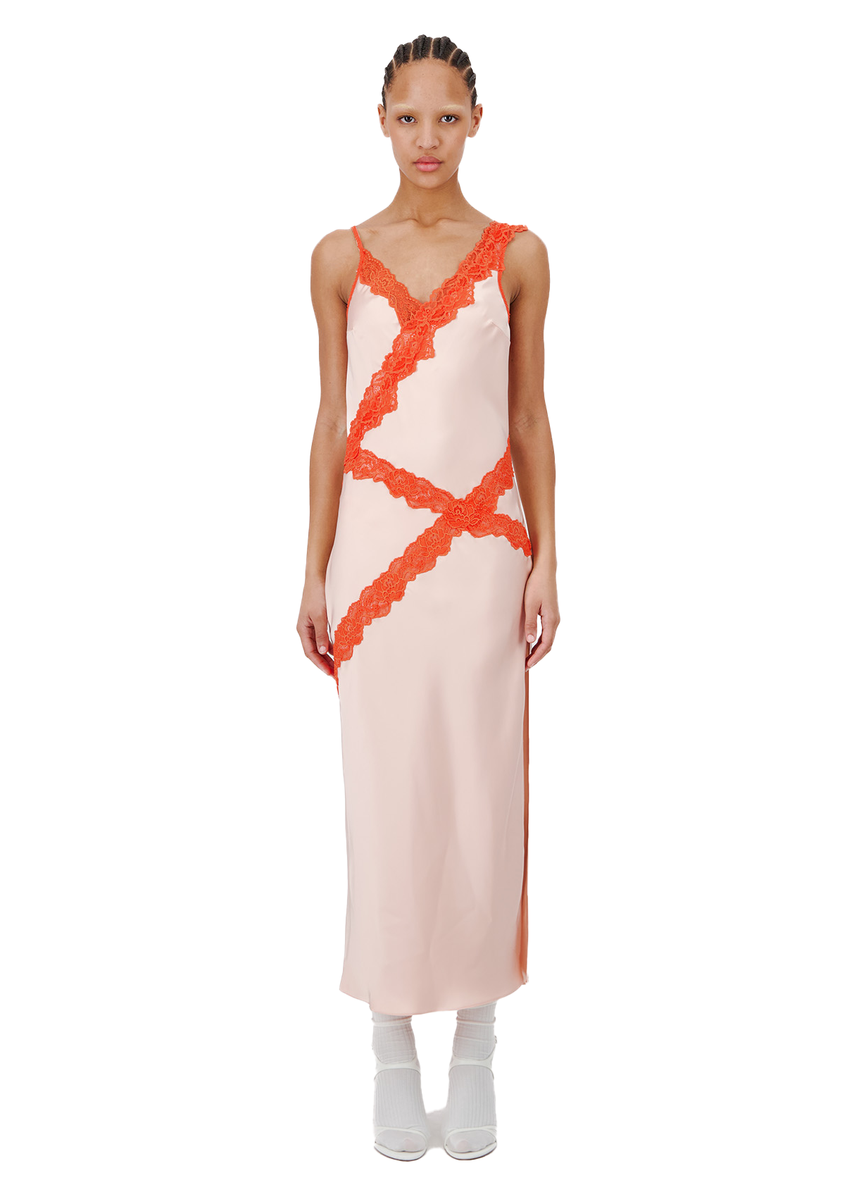 BIAS SHIFT MIDI DRESS WITH LACE DETAILING