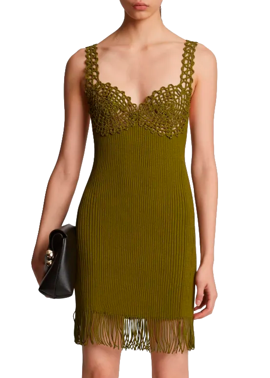 RIB KNIT LACE DRESS OLIVE