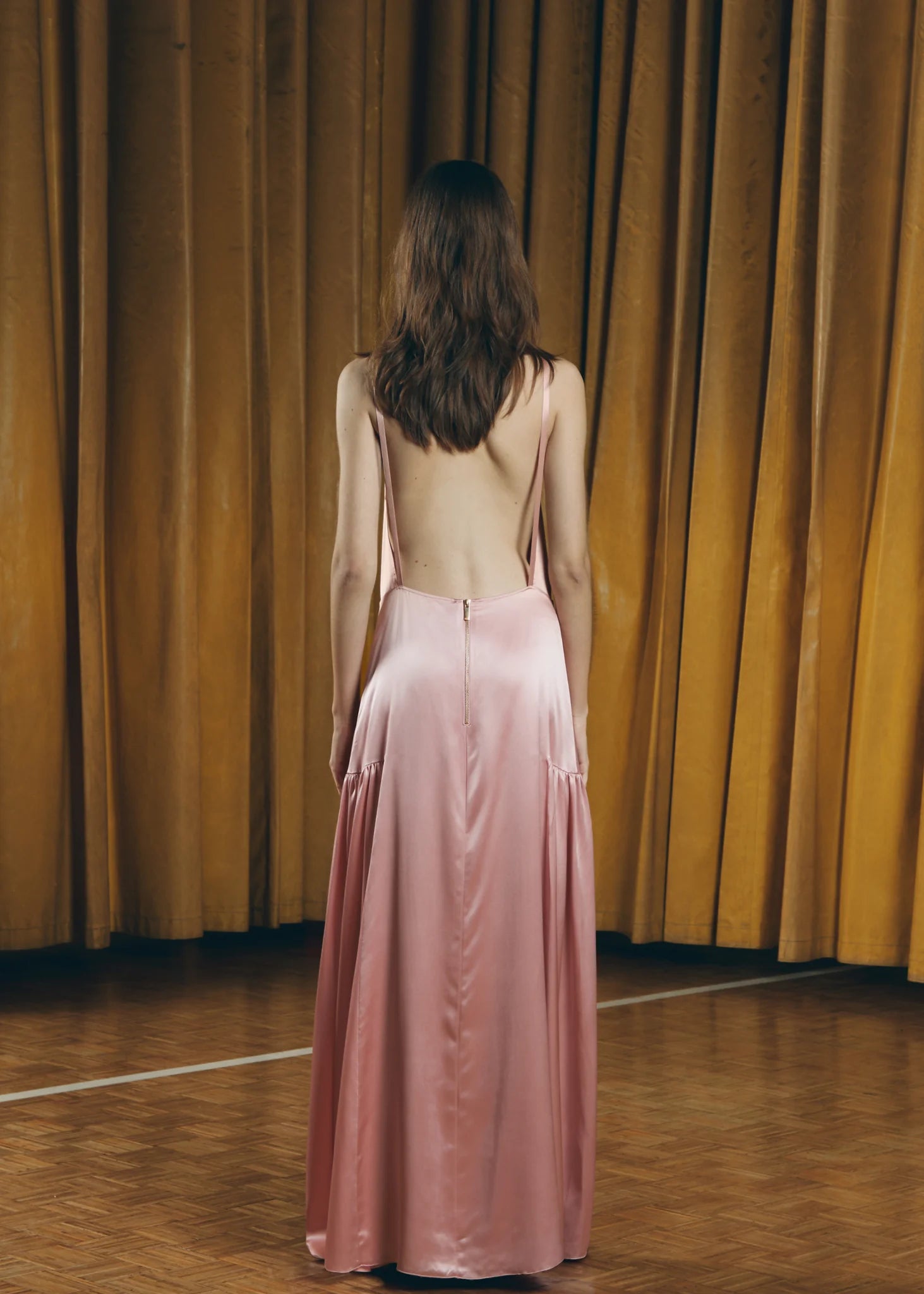 Pink Teresa Helbig satin halter dress for daytime wedding guest dressing