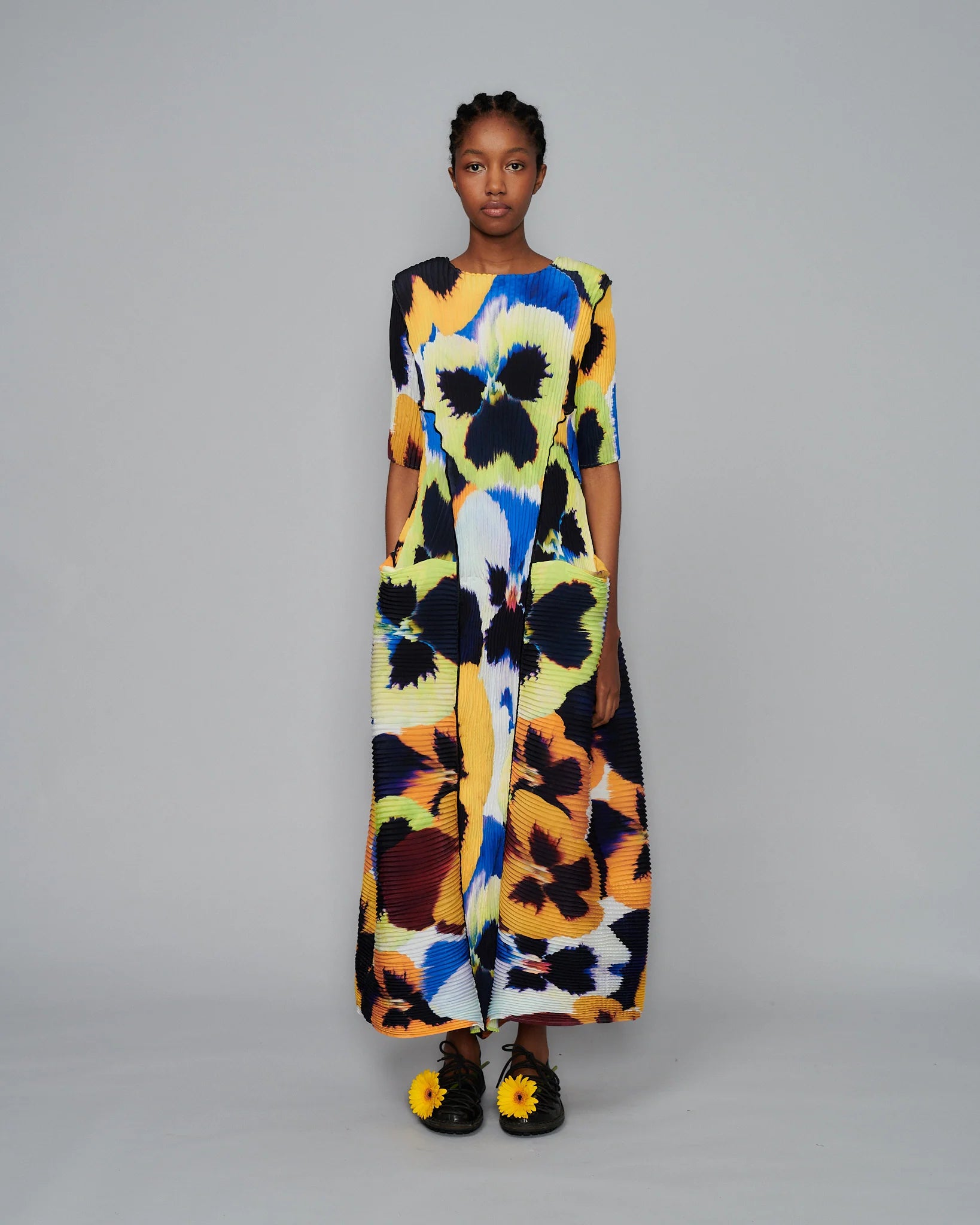 HANDPLEATED UMA DRESS IN PANSY YELLOW