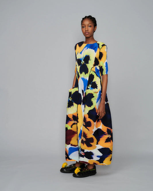 HANDPLEATED UMA DRESS IN PANSY YELLOW