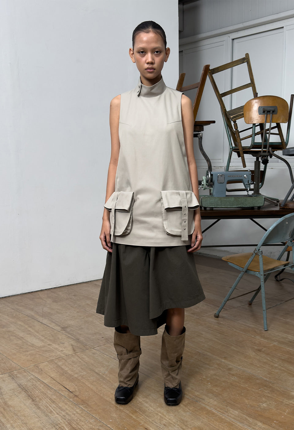 Woven Cargo Pocket Mini Dress Beige