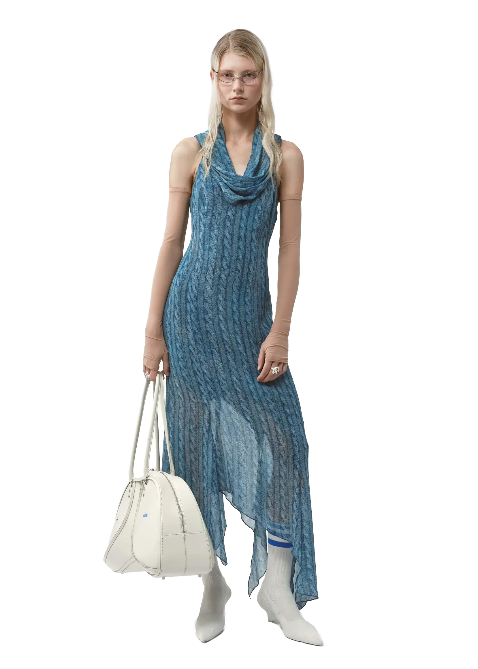 Draped Dress Printed Cable Knit Blue