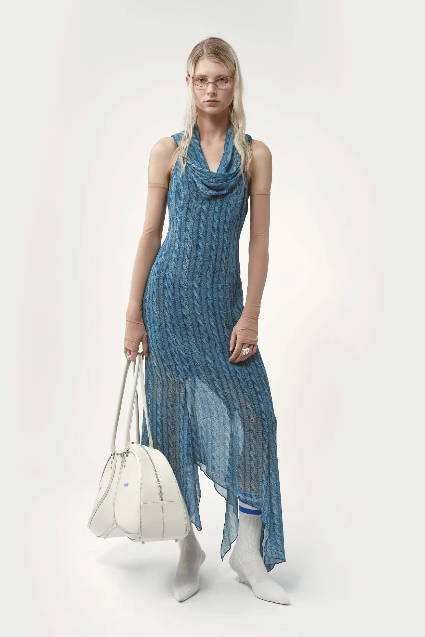 Draped Dress Printed Cable Knit Blue
