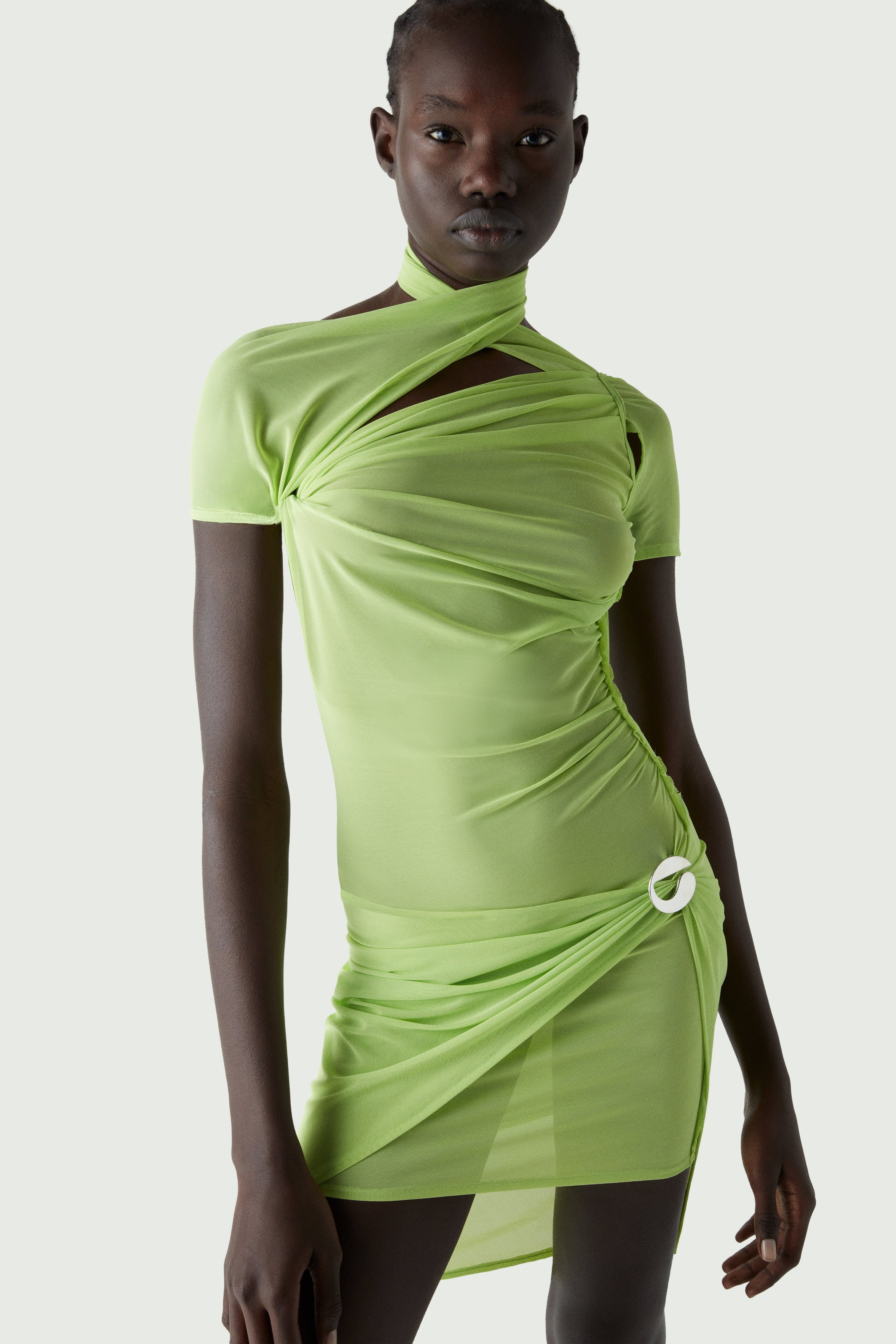 Asymmetric Draped Mesh Dress