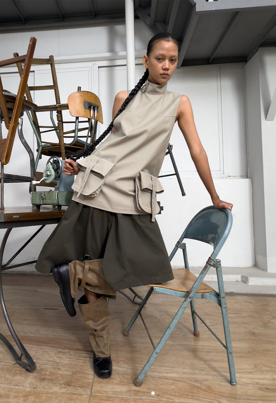 Woven Cargo Pocket Mini Dress Beige