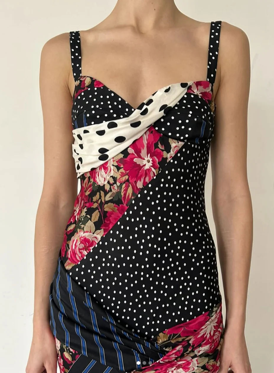 Asymmetric Patchwork Bias Dress With Draping Detail