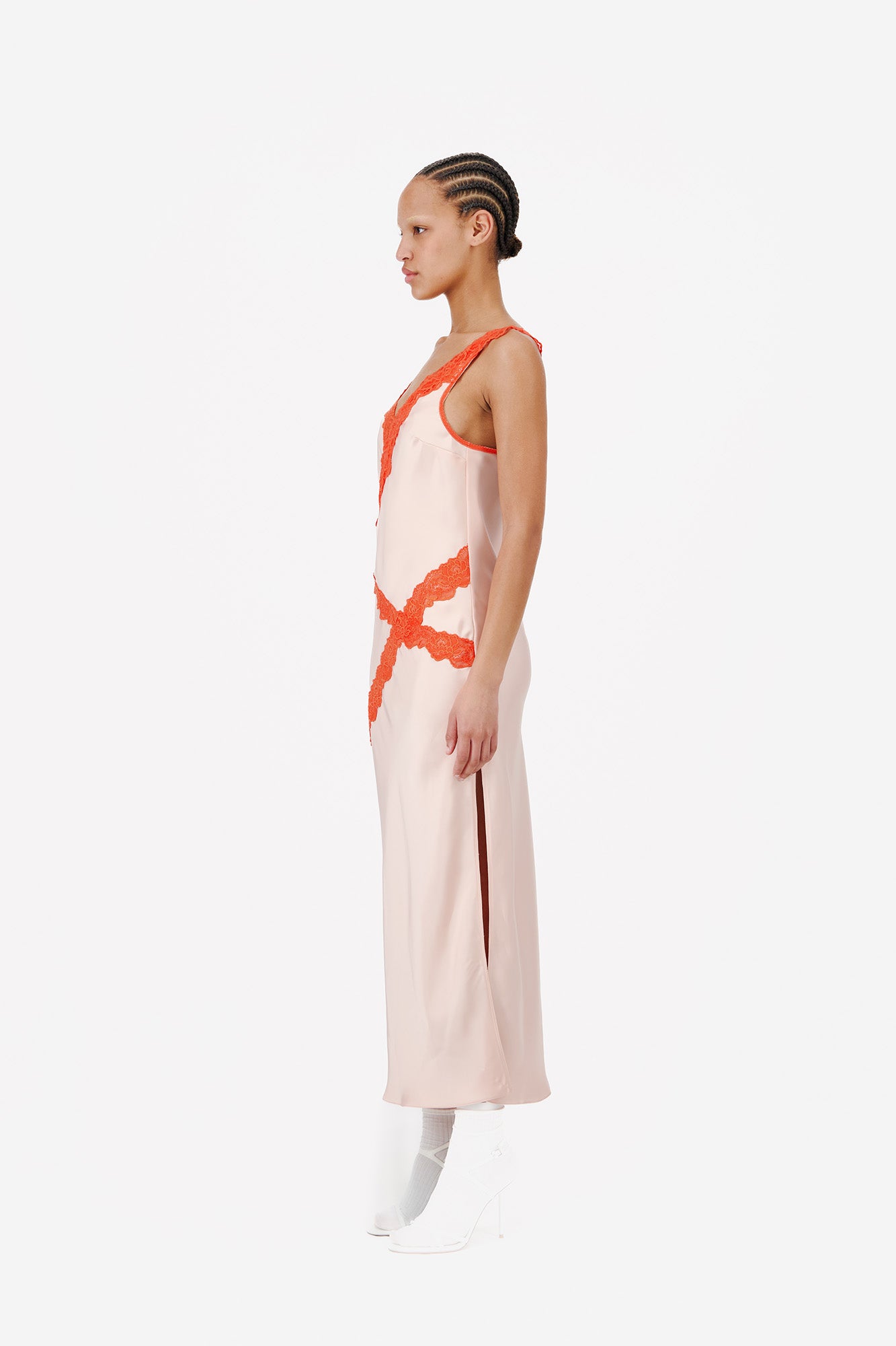 BIAS SHIFT MIDI DRESS WITH LACE DETAILING